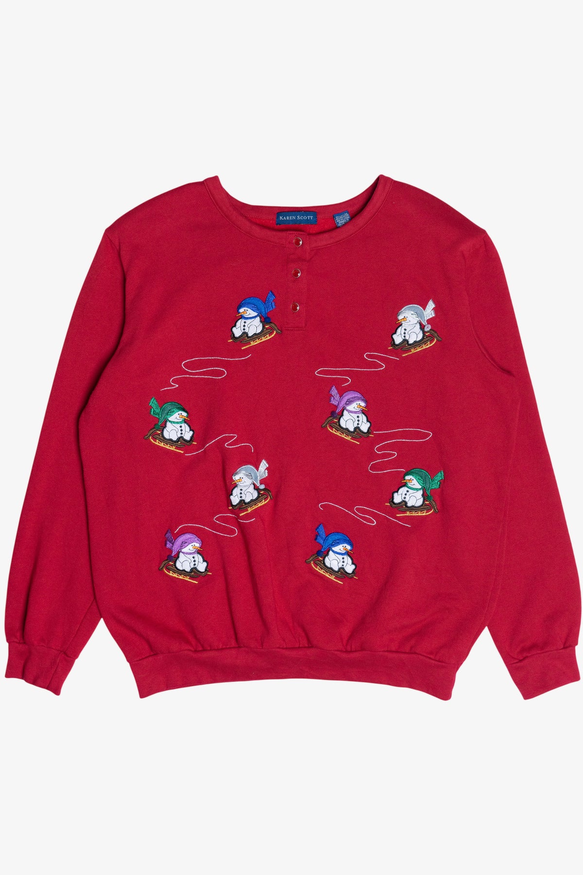 Vintage Sledding Snowmen Three Button Ugly Christmas Sweatshirt (1990s)