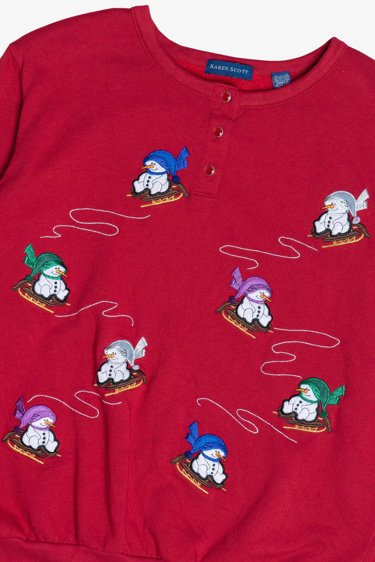 Vintage Sledding Snowmen Three Button Ugly Christmas Sweatshirt (1990s)