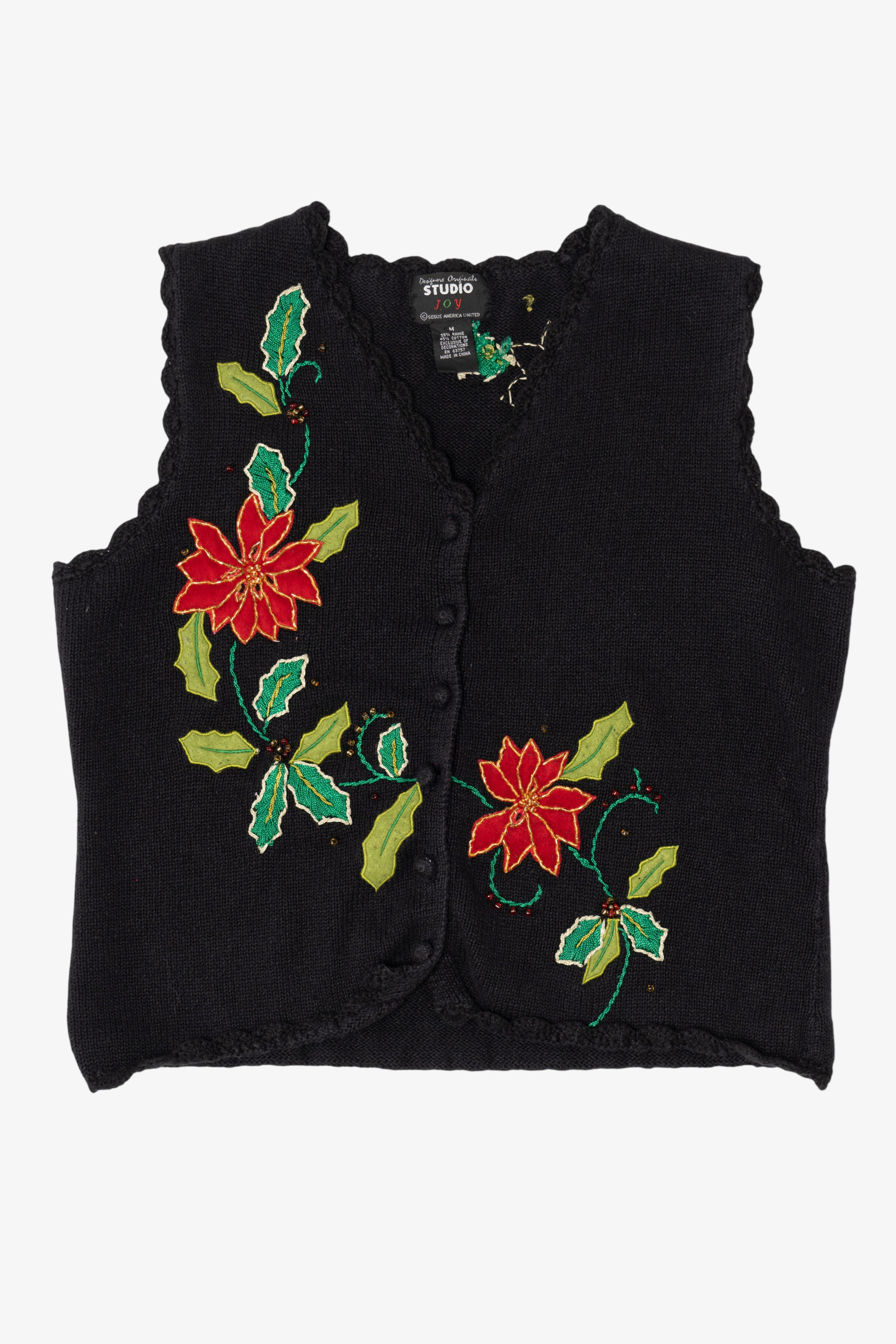Vintage Black Studio Joy Poinsettias Ugly Christmas Vest (1990s)