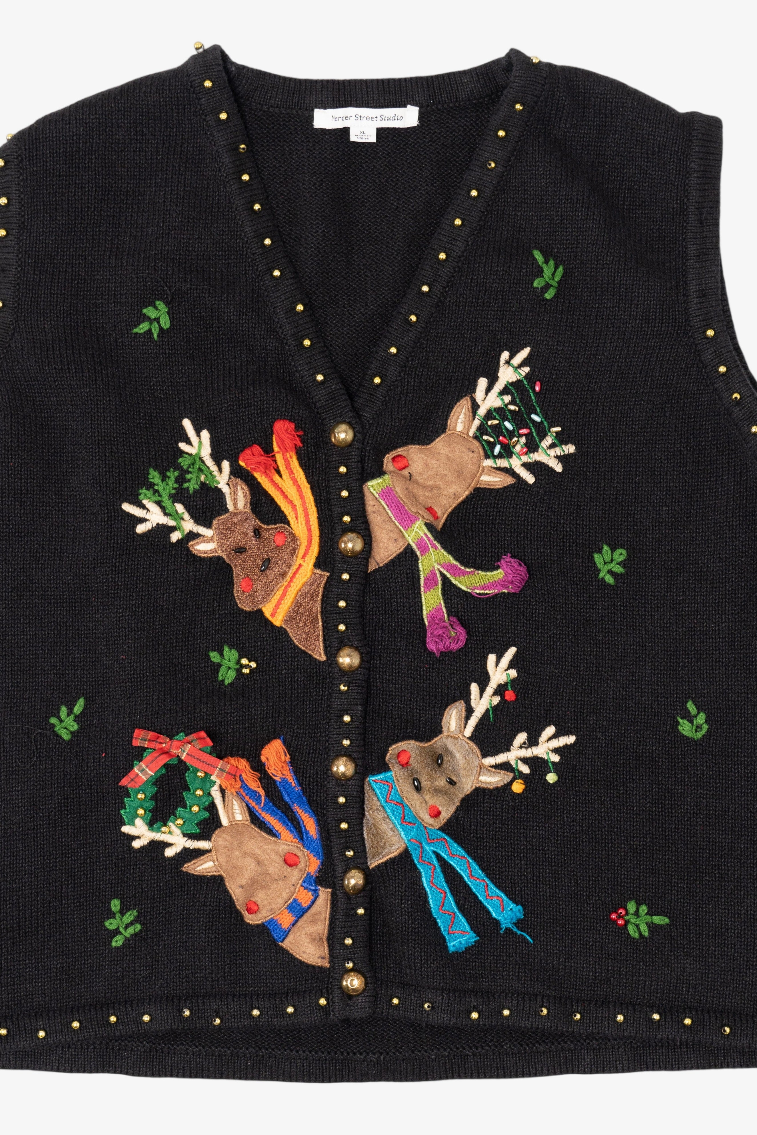 Vintage Black Mercer Street Studio Reindeer Ugly Christmas Vest (1990s)