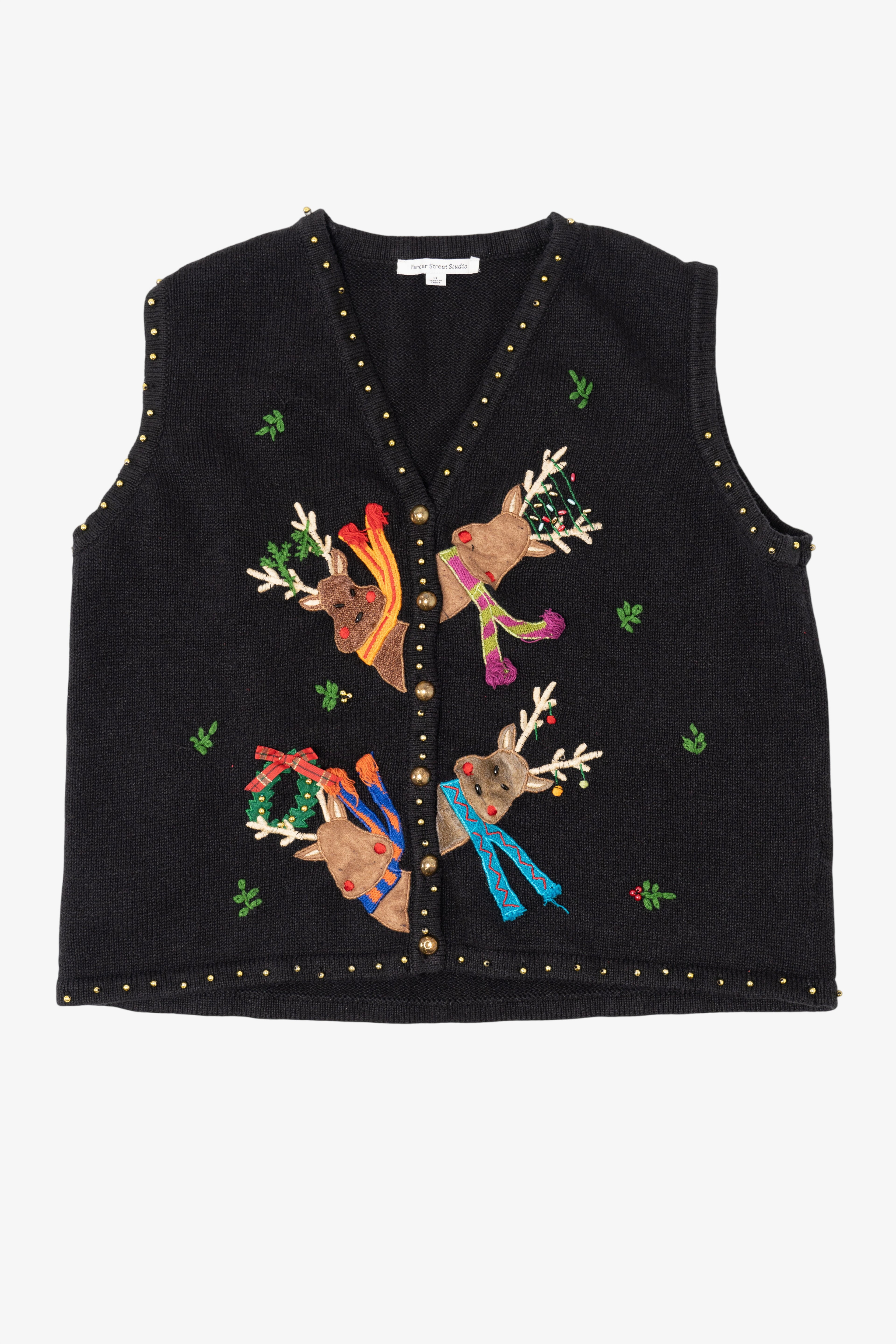 Vintage Black Mercer Street Studio Reindeer Ugly Christmas Vest (1990s)