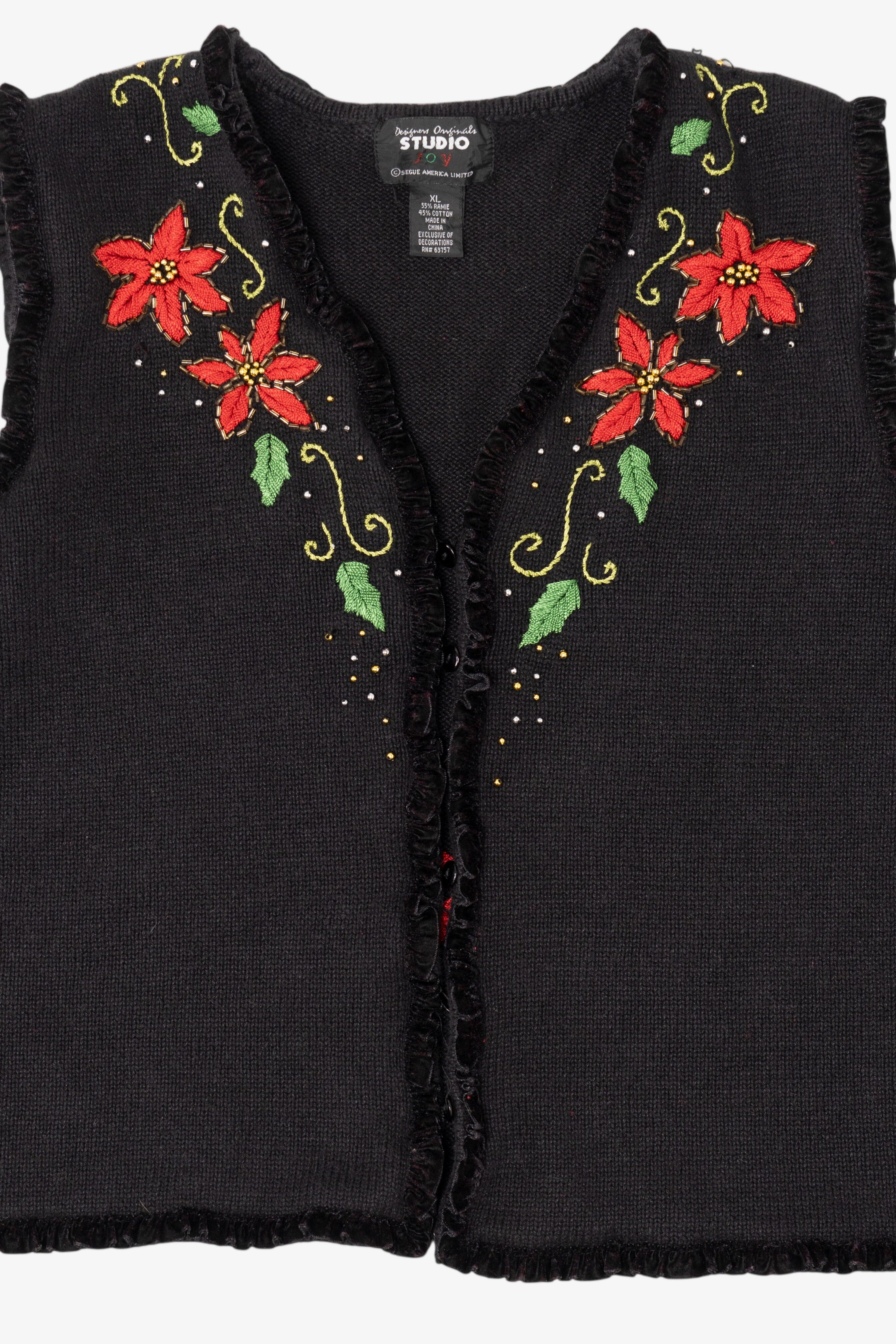 Vintage Black Studio Joy Poinsettias Ugly Christmas Vest (1990s)