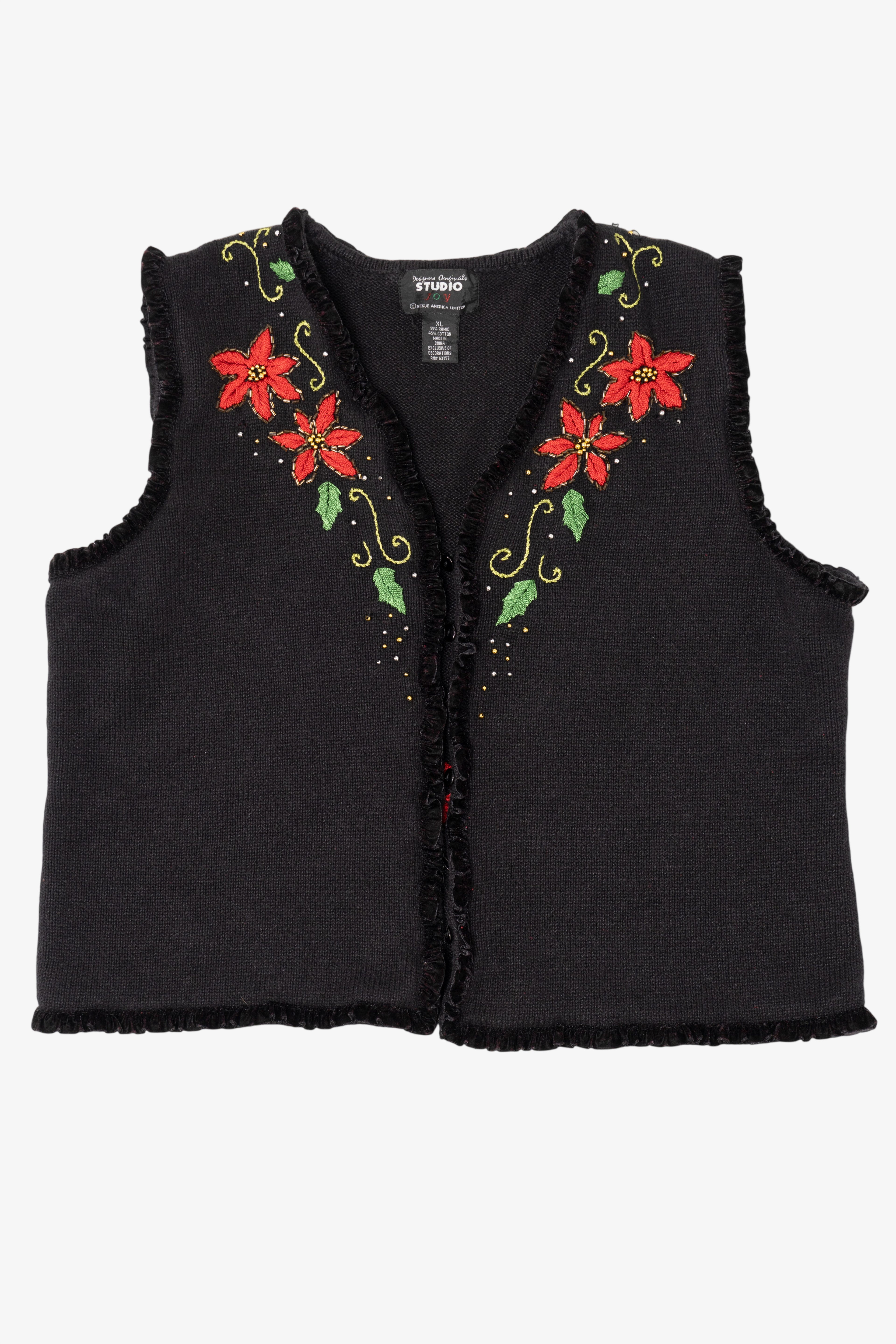 Vintage Black Studio Joy Poinsettias Ugly Christmas Vest (1990s)