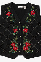 Vintage Black Victoria Jones Poinsettias Ugly Christmas Vest (1990s)