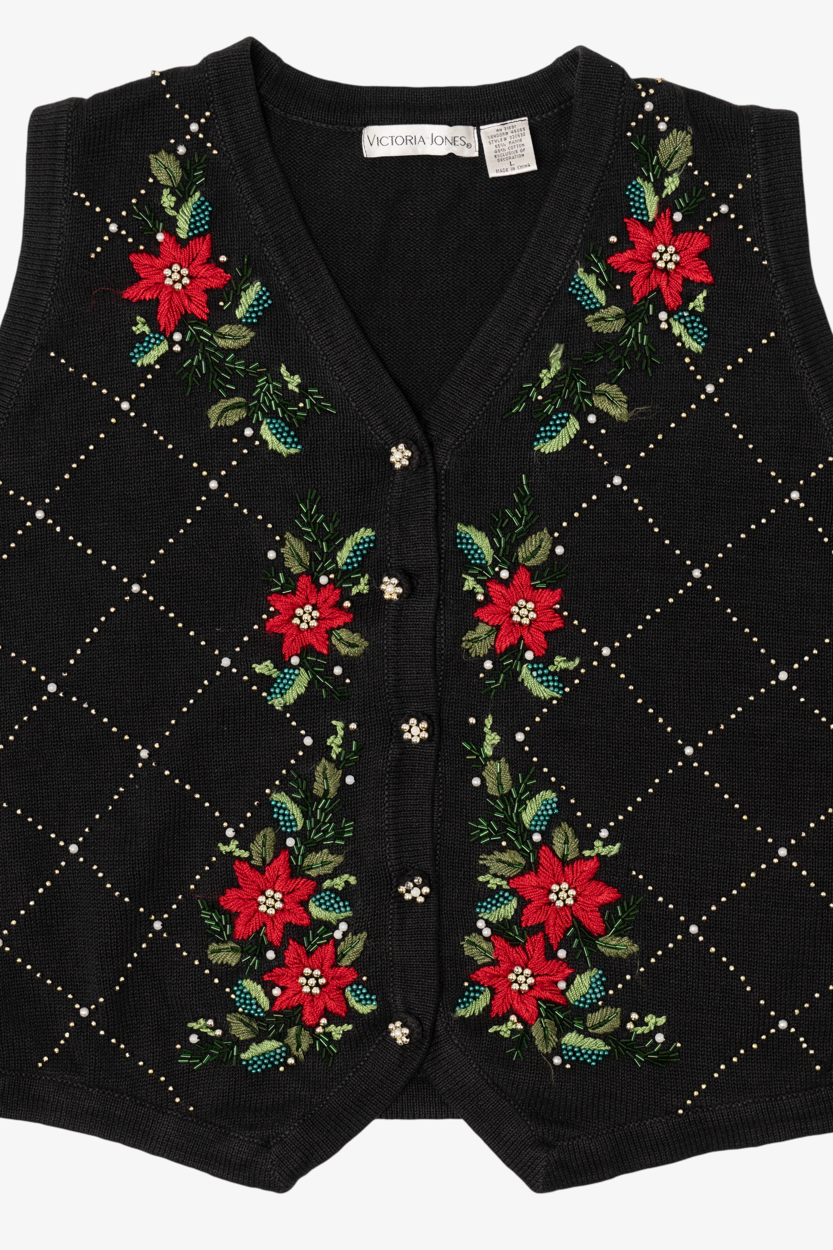 Vintage Black Victoria Jones Poinsettias Ugly Christmas Vest (1990s)