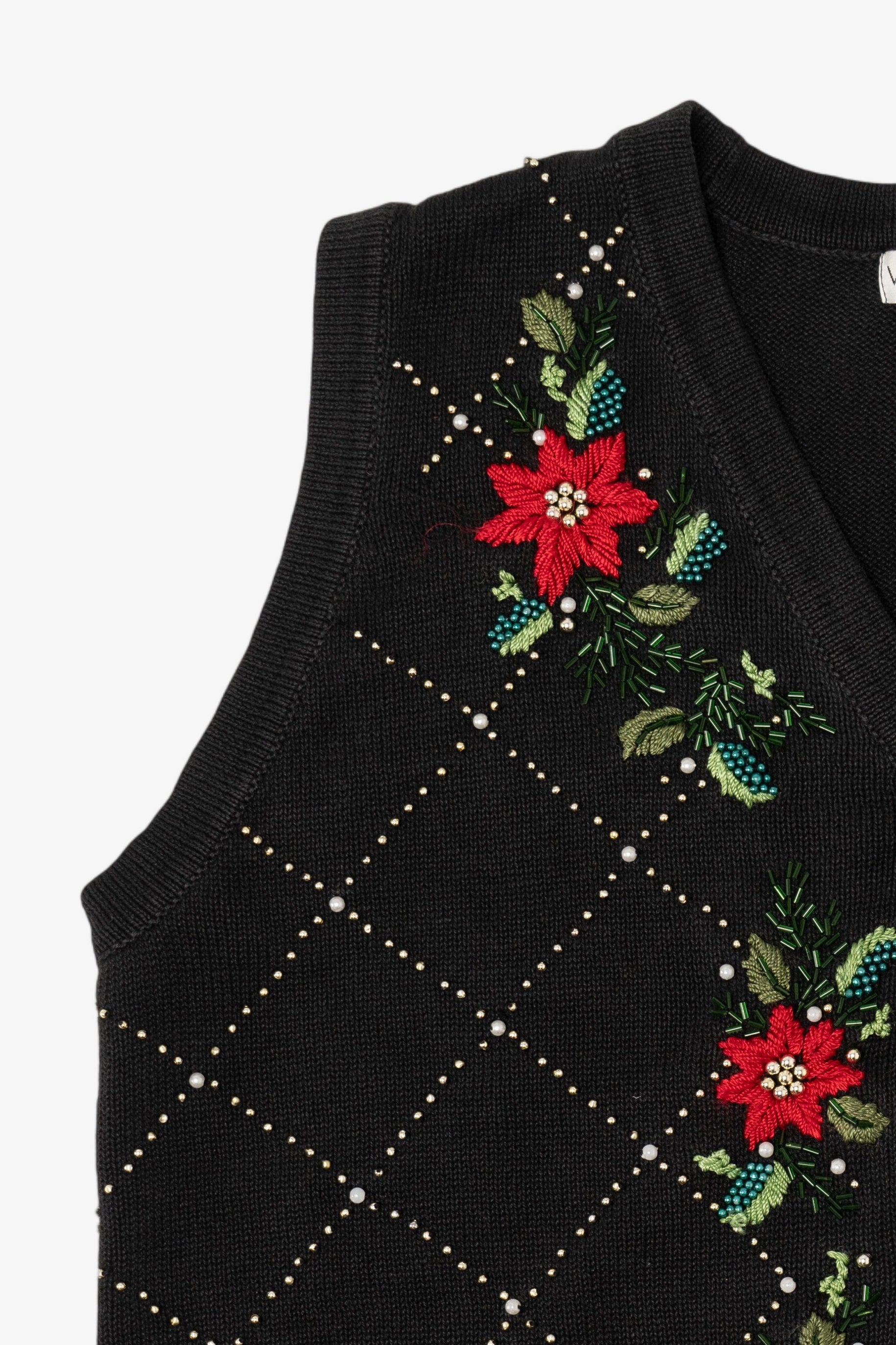 Vintage Black Victoria Jones Poinsettias Ugly Christmas Vest (1990s)