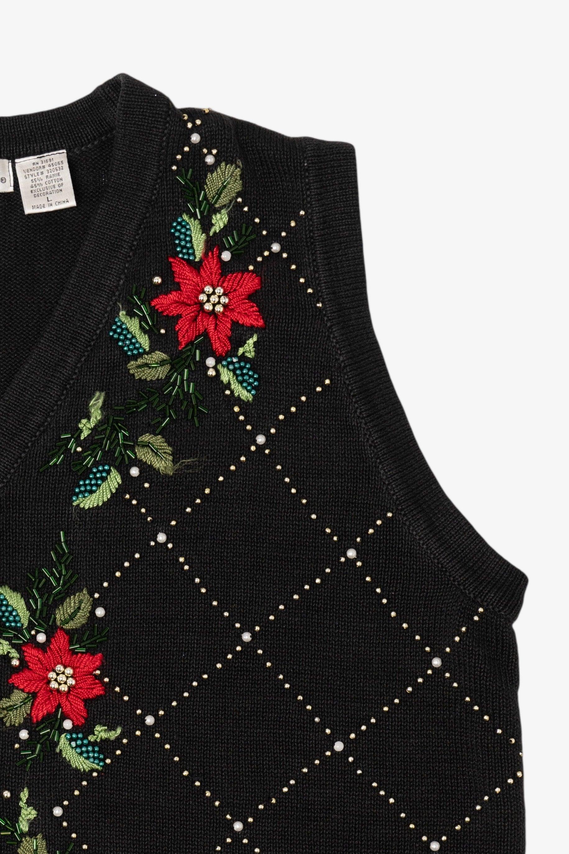 Vintage Black Victoria Jones Poinsettias Ugly Christmas Vest (1990s)