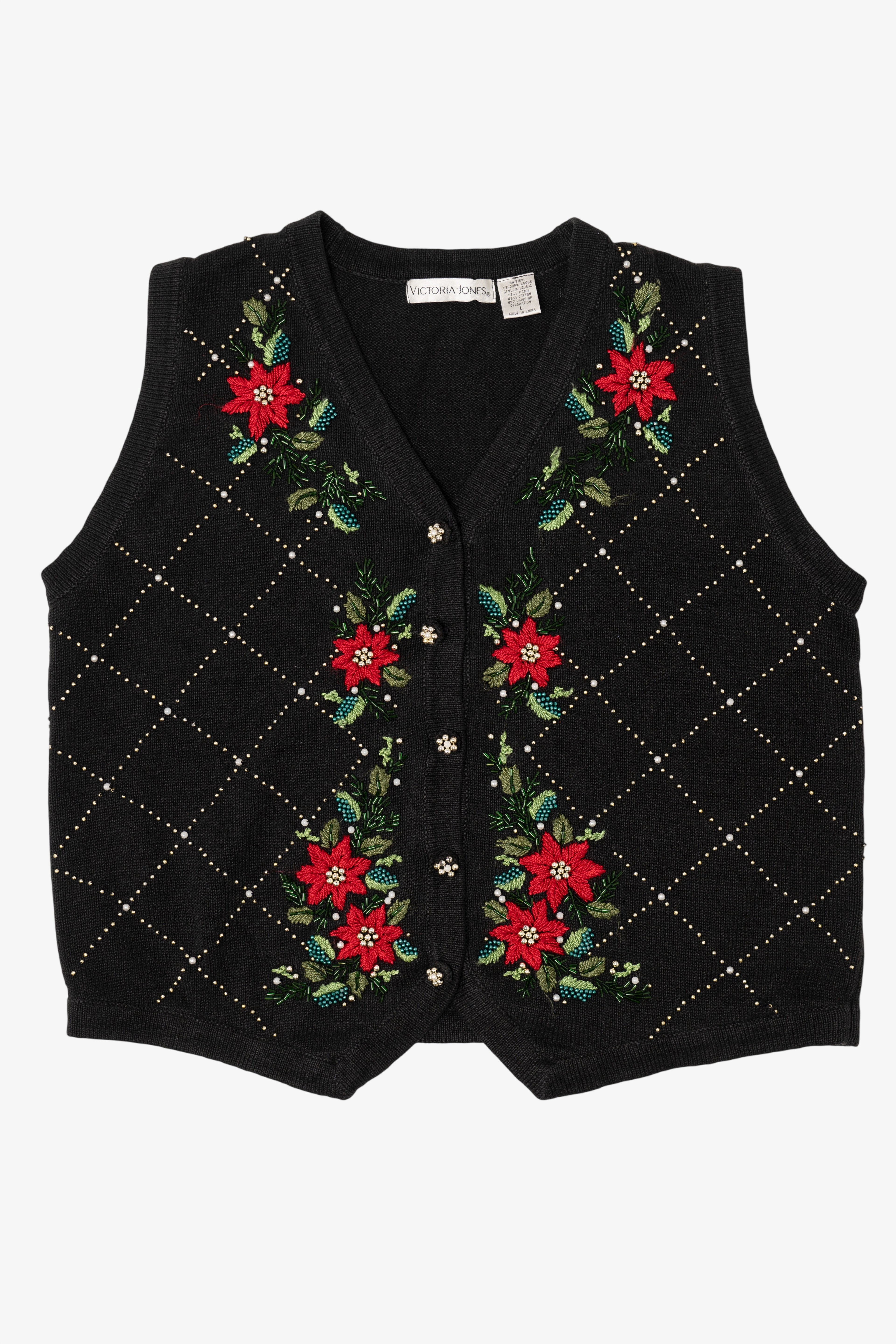 Vintage Black Victoria Jones Poinsettias Ugly Christmas Vest (1990s)
