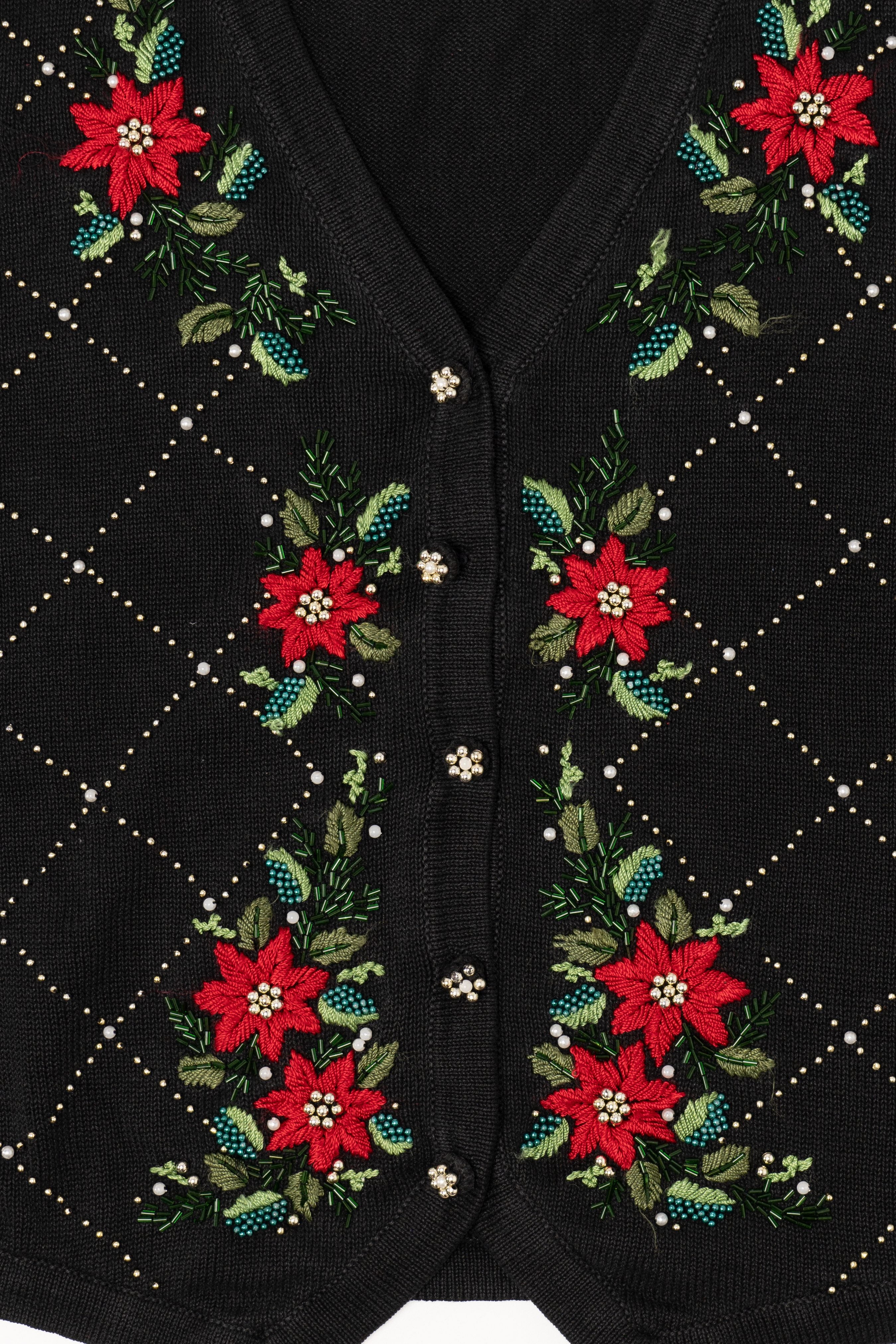 Vintage Black Victoria Jones Poinsettias Ugly Christmas Vest (1990s)