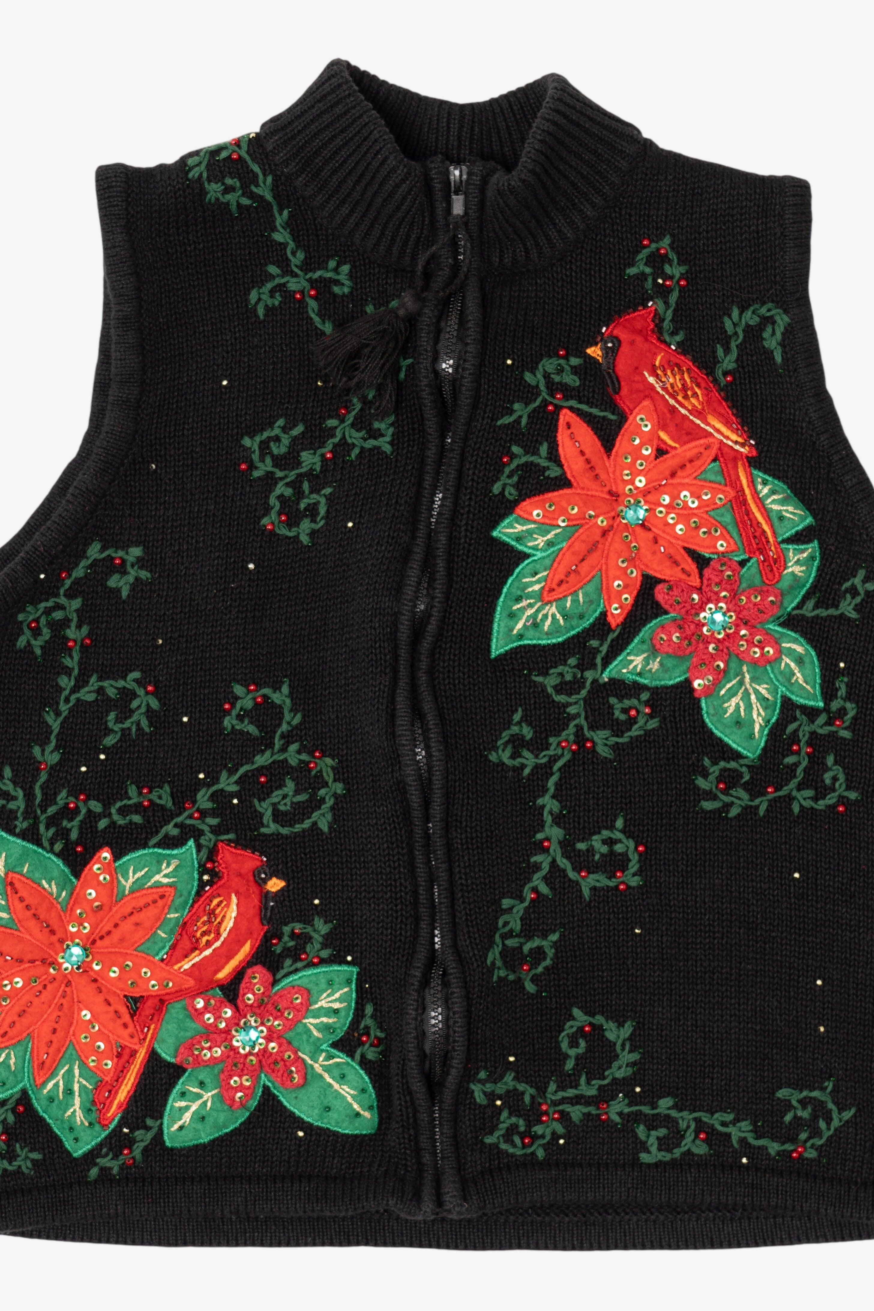 Vintage Black Cardinals And Poinsettias Ugly Christmas Vest (2000s)