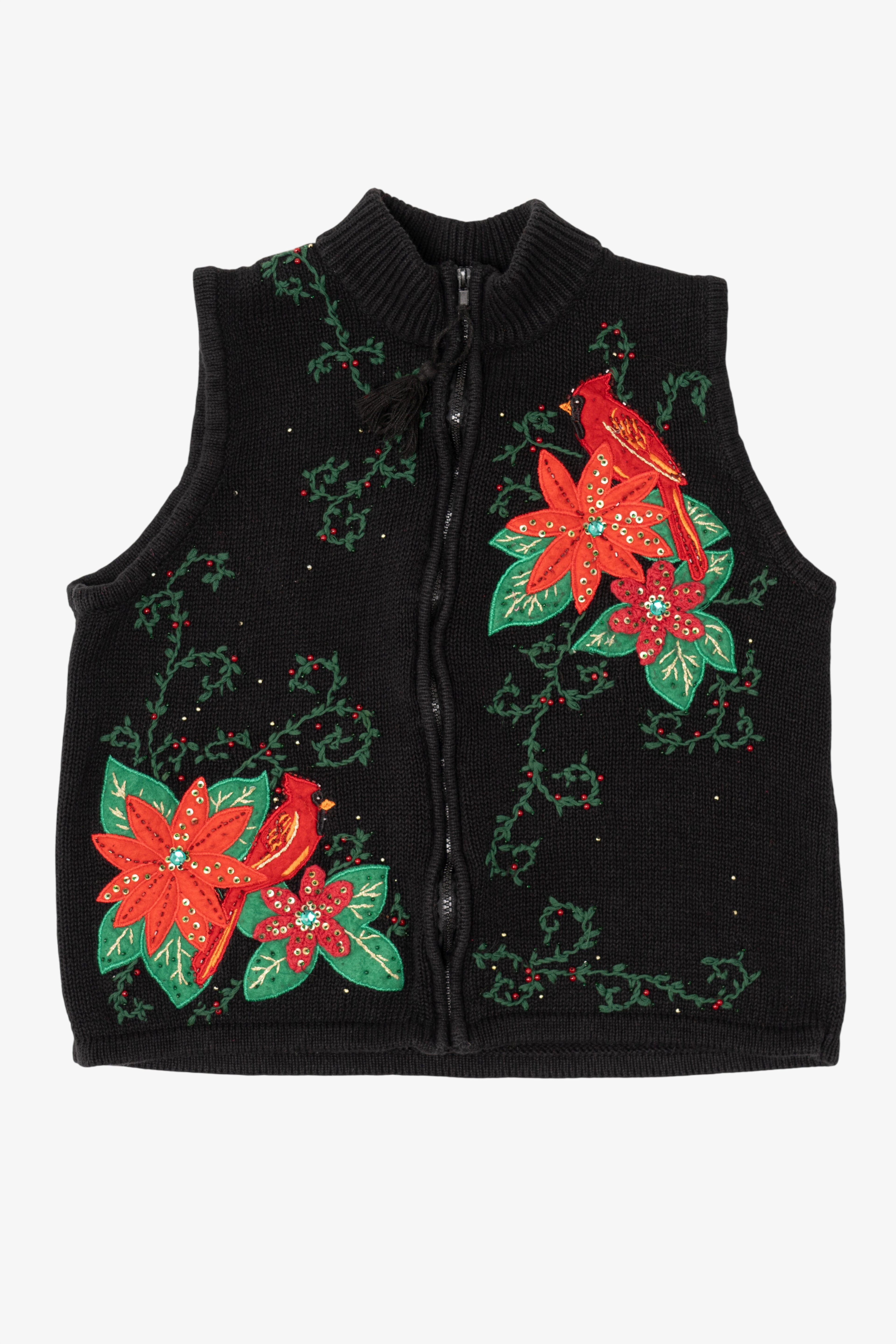 Vintage Black Cardinals And Poinsettias Ugly Christmas Vest (2000s)
