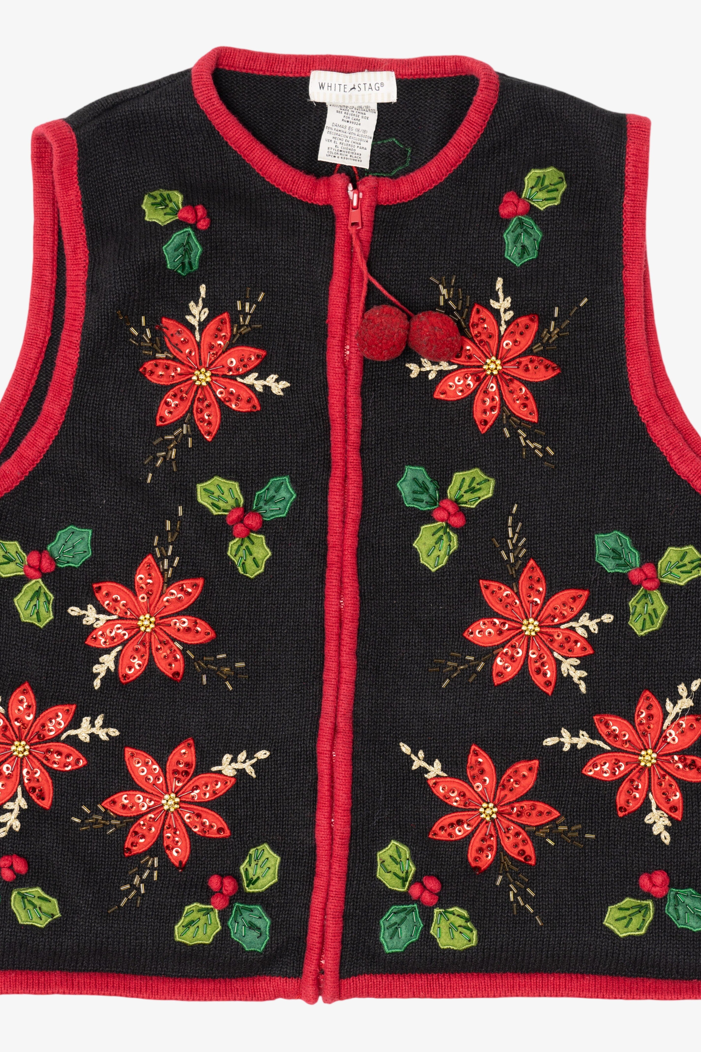 Vintage Black White Stag Poinsettias Ugly Christmas Vest (1990s)