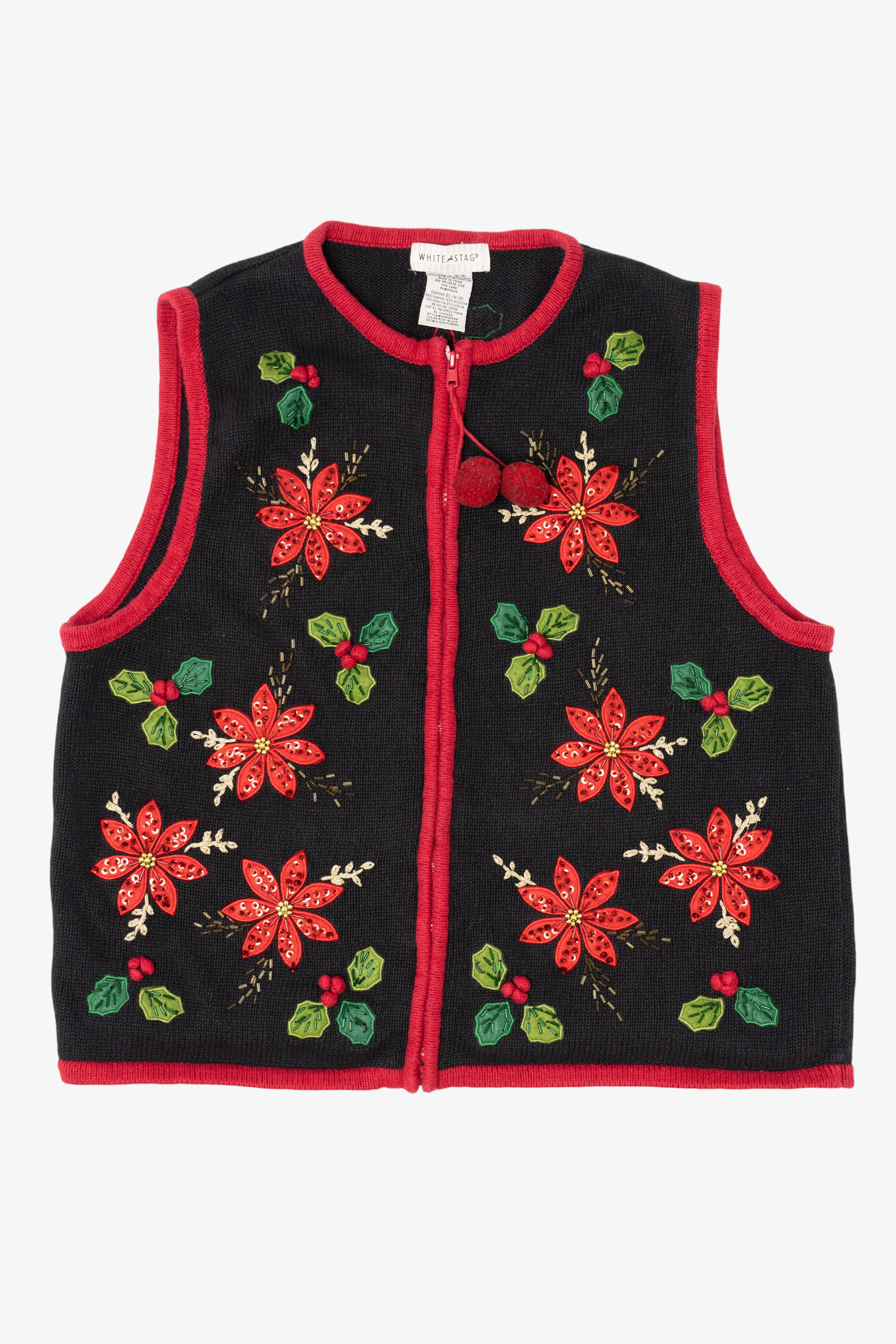 Vintage Black White Stag Poinsettias Ugly Christmas Vest (1990s)