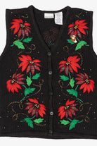 Vintage Black Bobbie Brooks Poinsettias Ugly Christmas Vest (1990s)