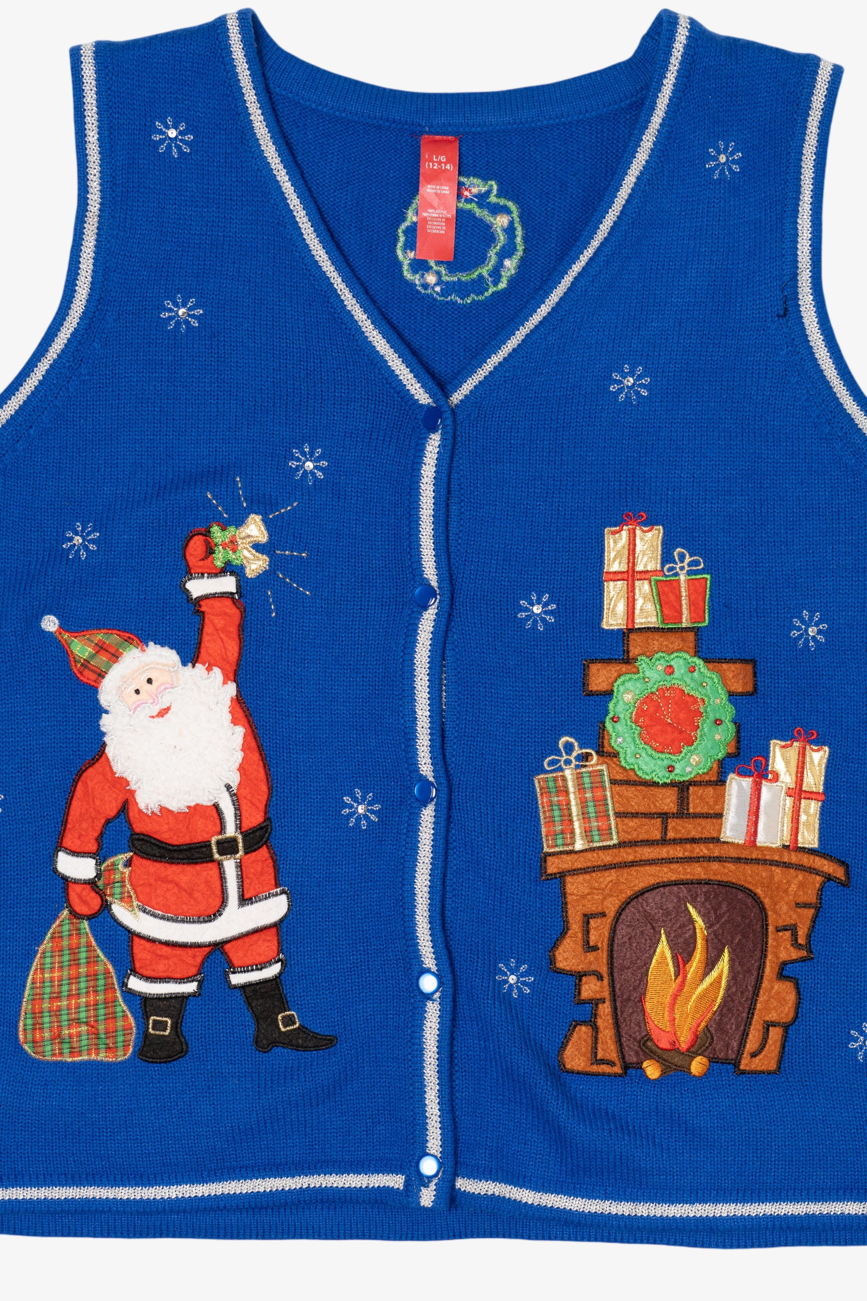 Vintage Blue Santa And Fireplace Ugly Christmas Vest (2000s)