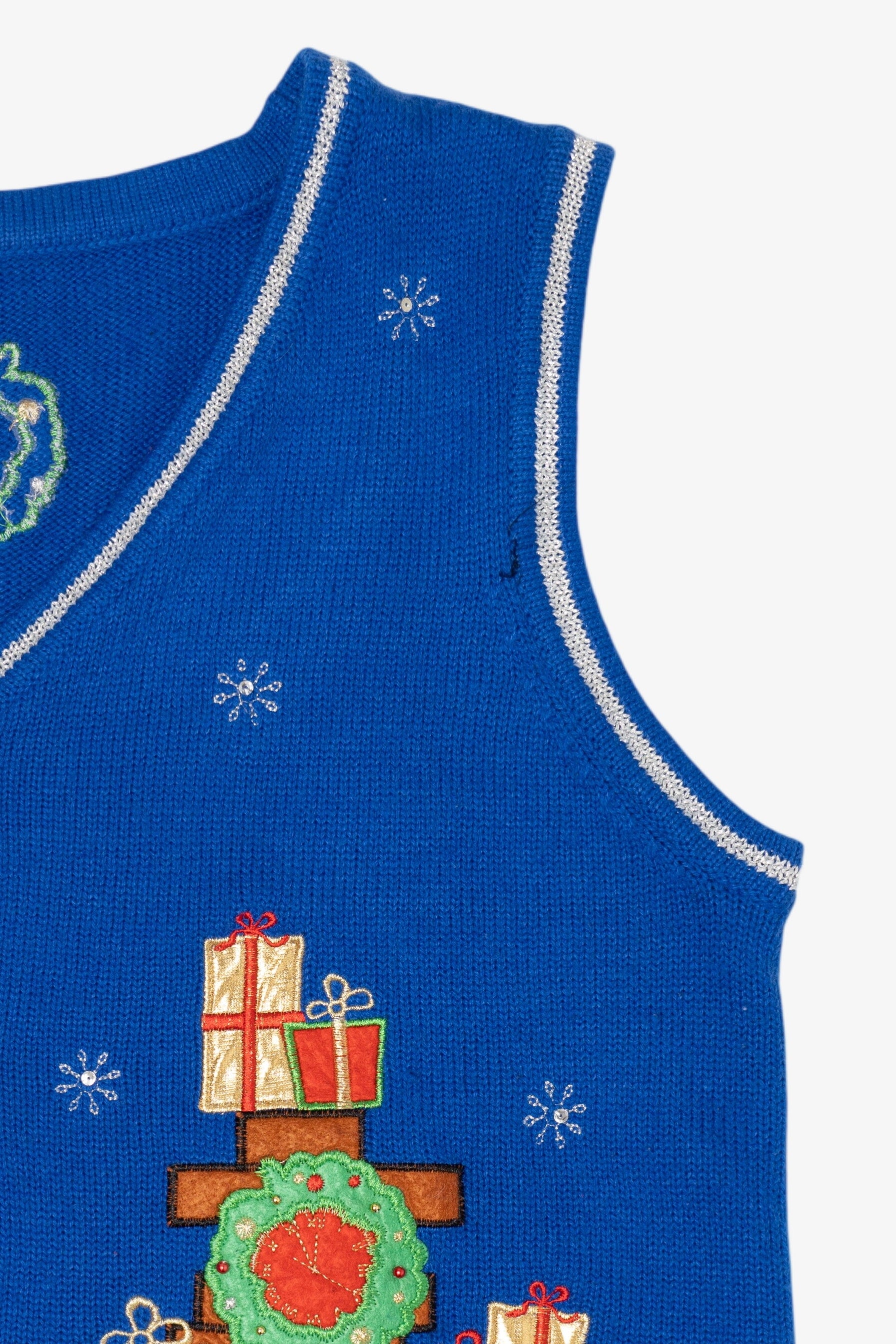 Vintage Blue Santa And Fireplace Ugly Christmas Vest (2000s)