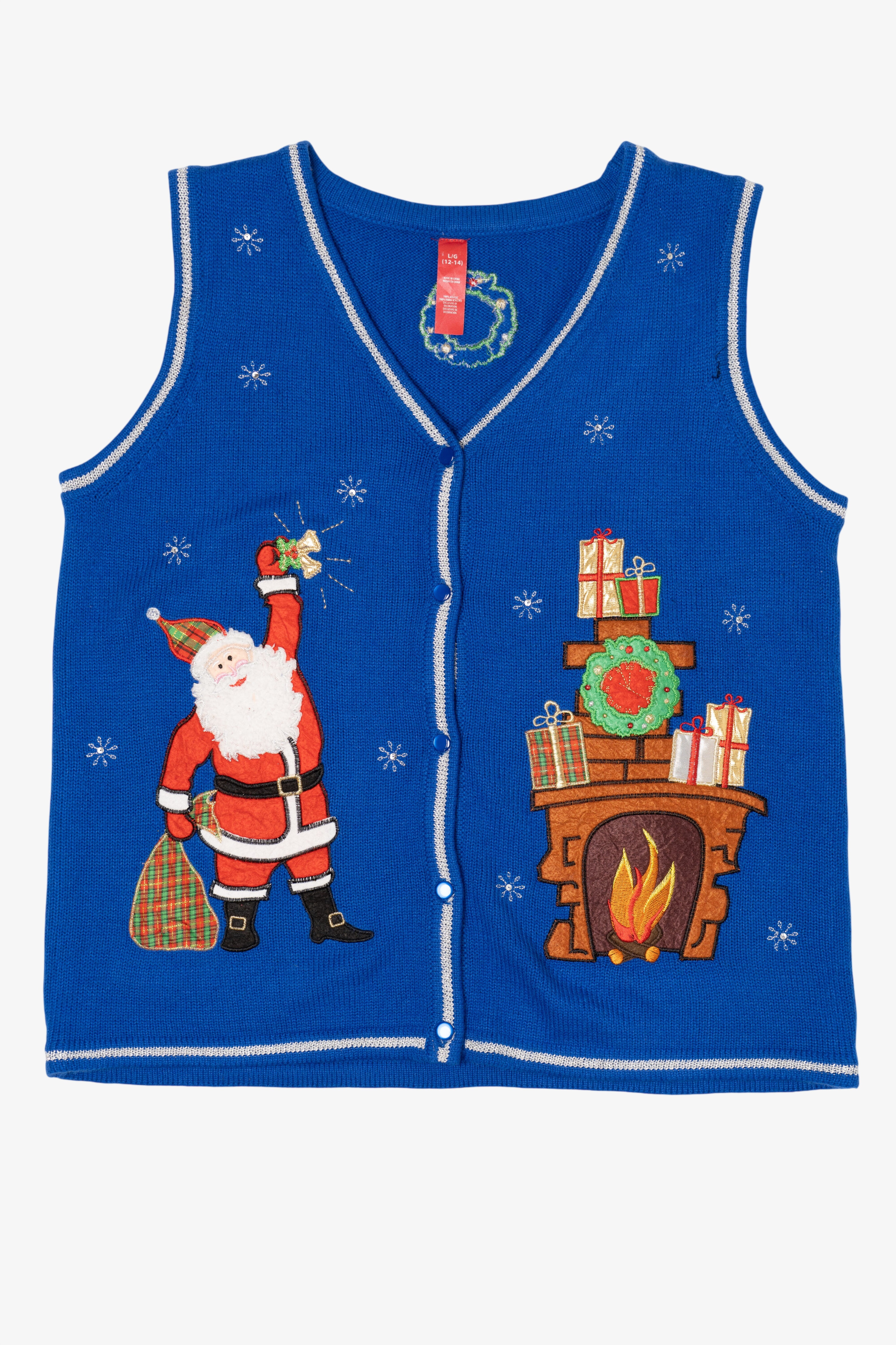 Vintage Blue Santa And Fireplace Ugly Christmas Vest (2000s)