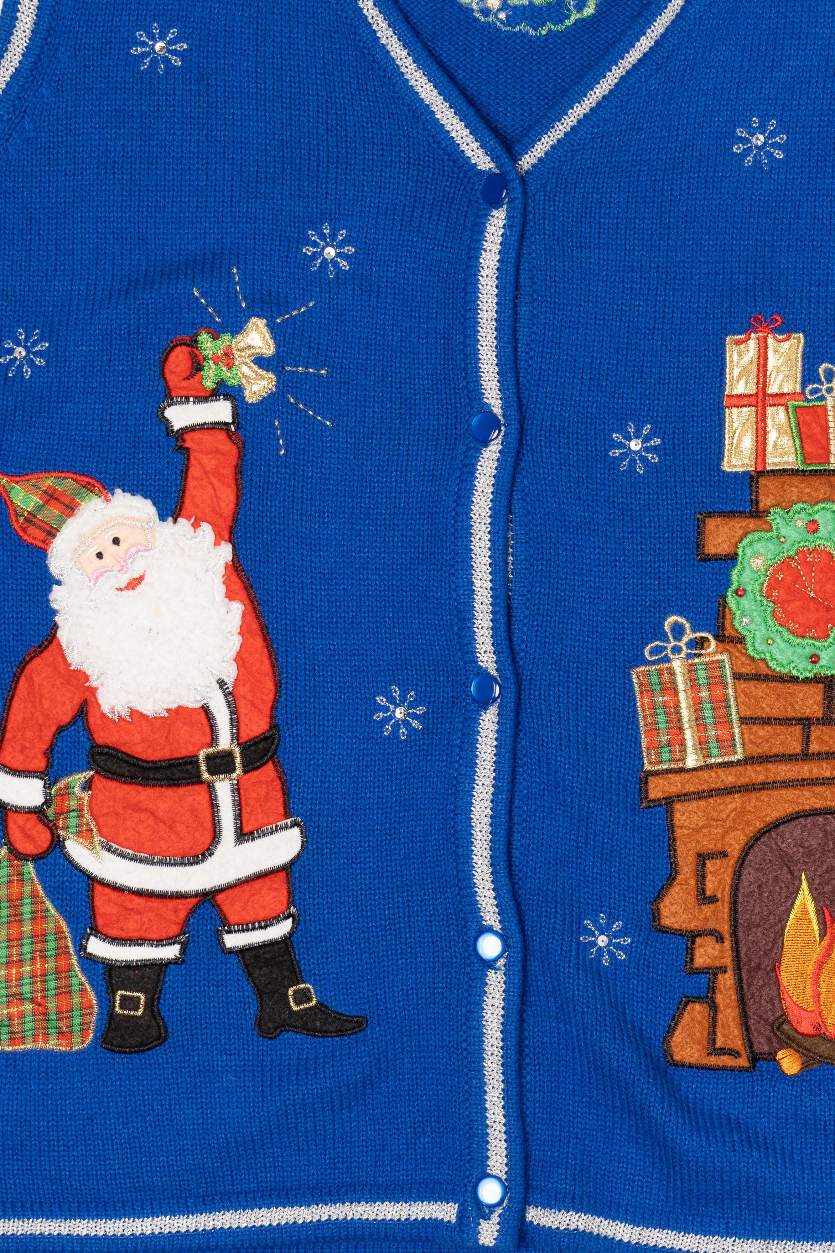 Vintage Blue Santa And Fireplace Ugly Christmas Vest (2000s)