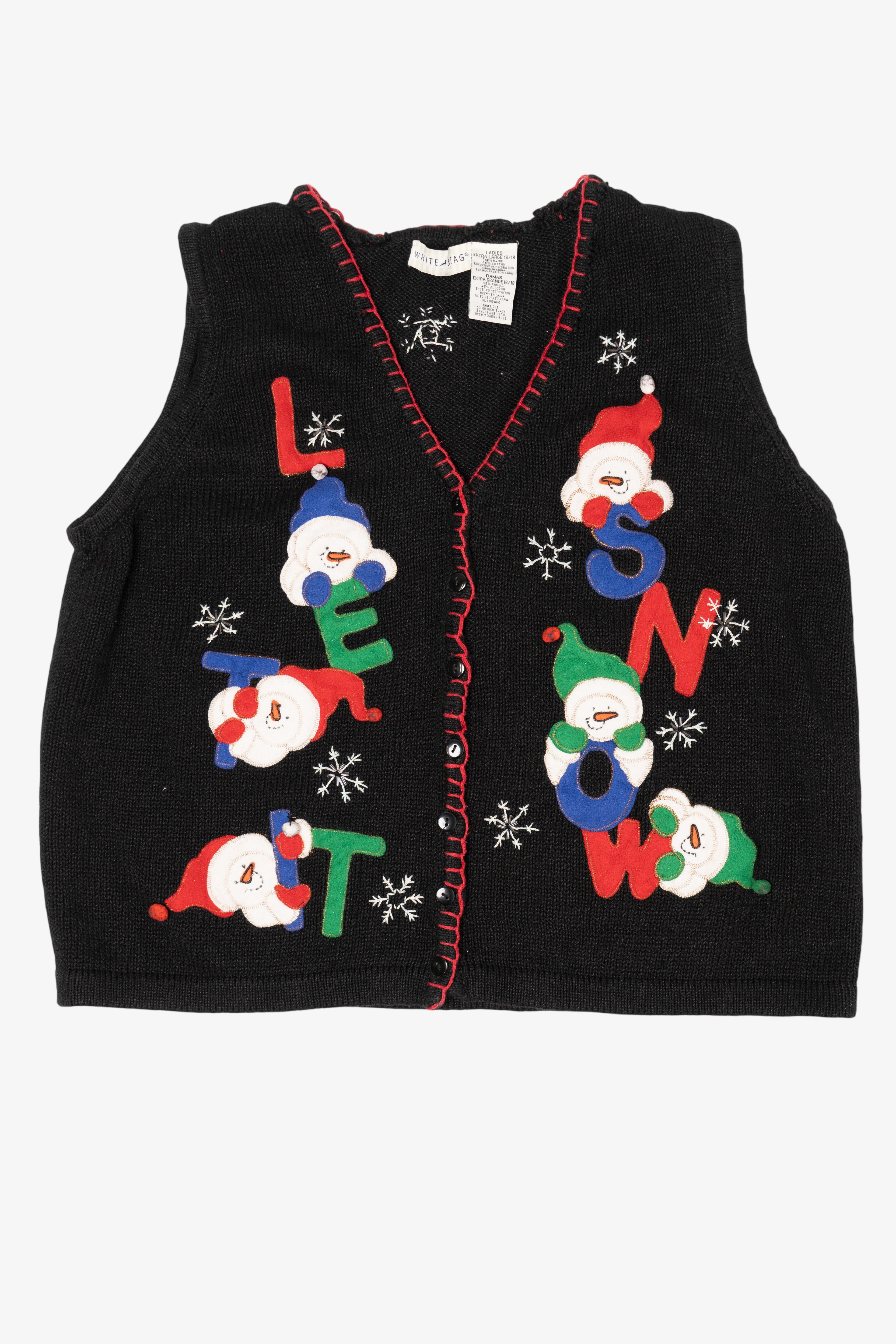 Vintage Black White Stag "Let It Snow" Snowmen Ugly Christmas Vest (1990s)