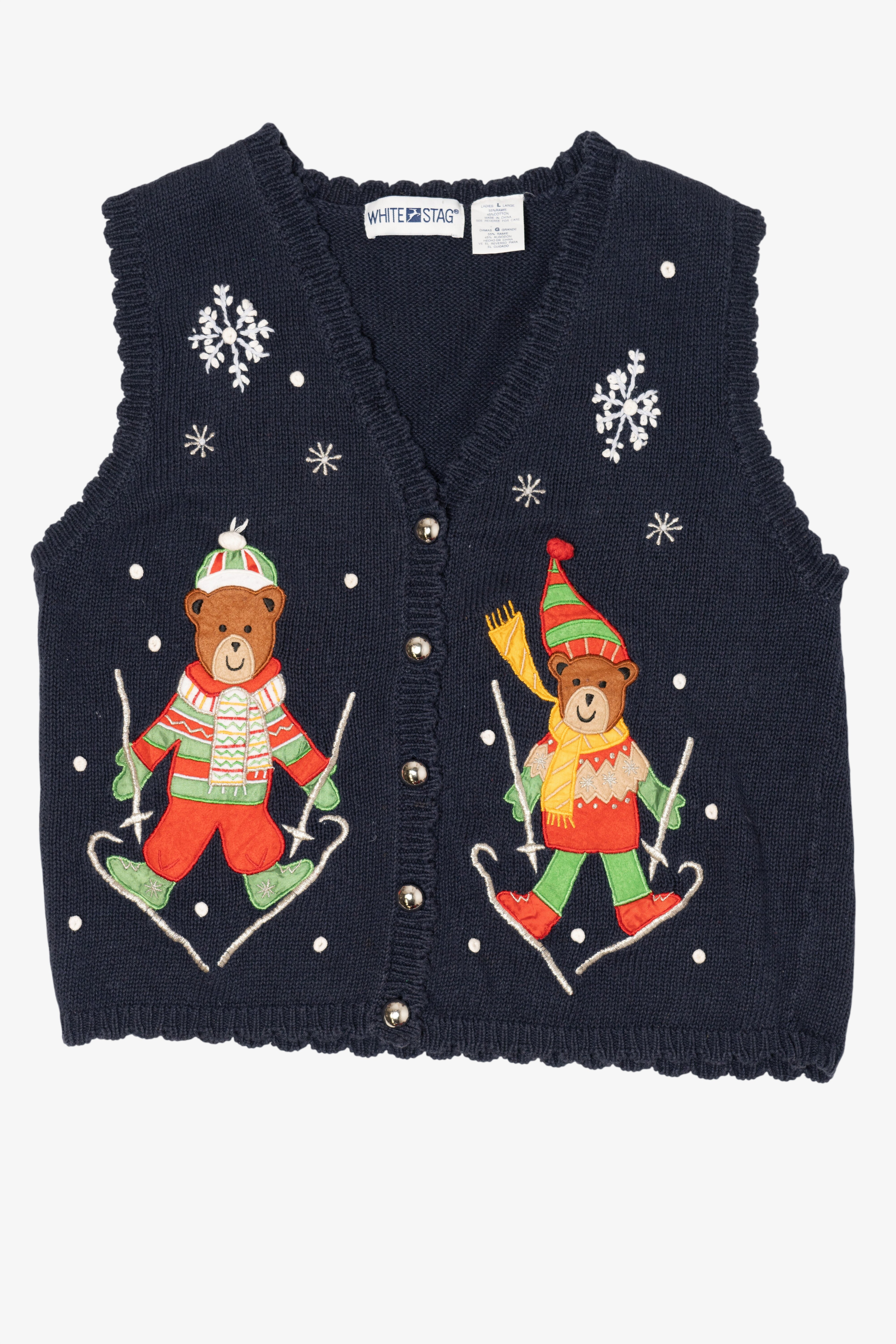 Vintage Navy Blue White Stag Teddy Bears Christmas Vest (1990s)