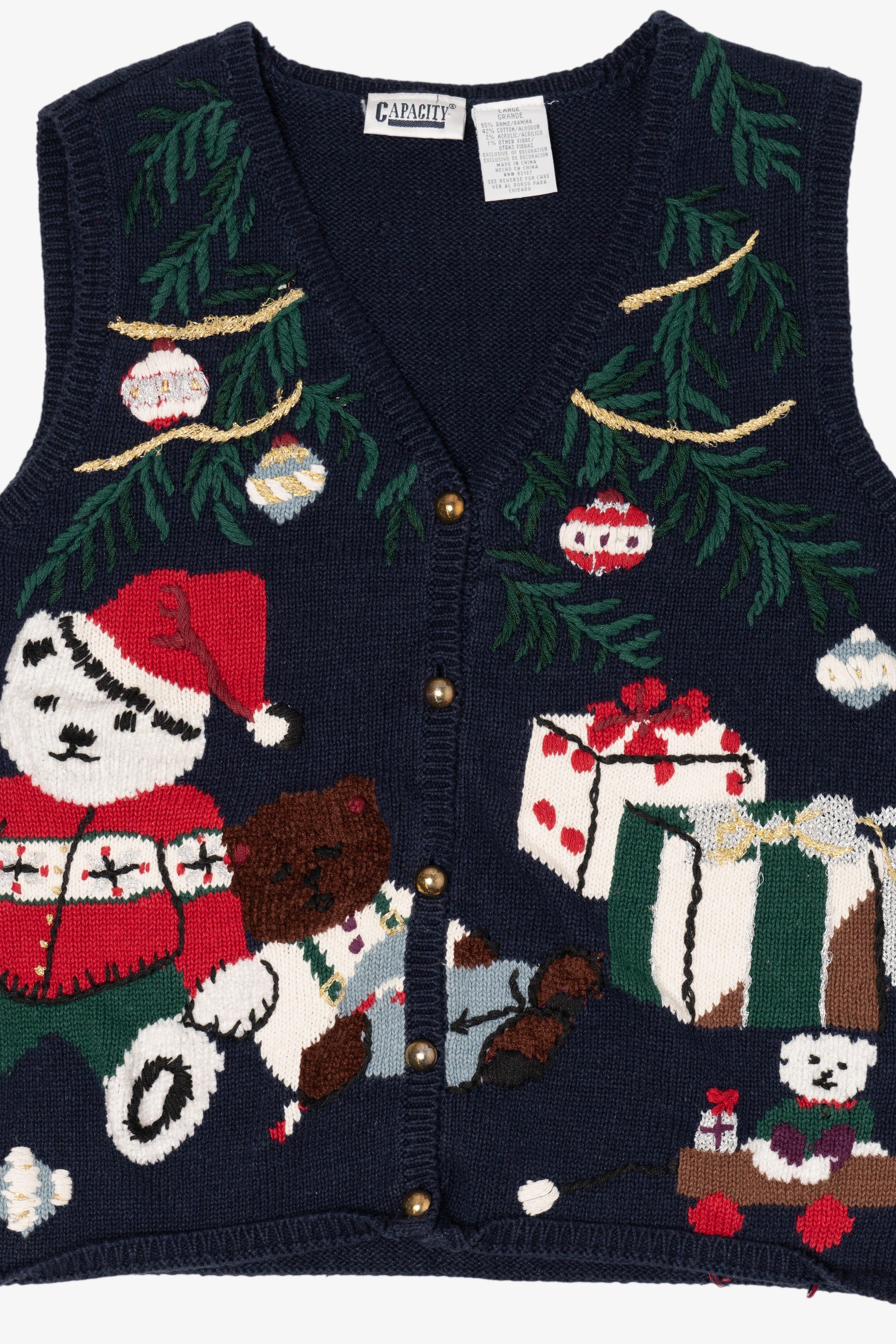 Vintage Navy Blue Capacity Presents Under The Tree Ugly Christmas Vest (1990s)