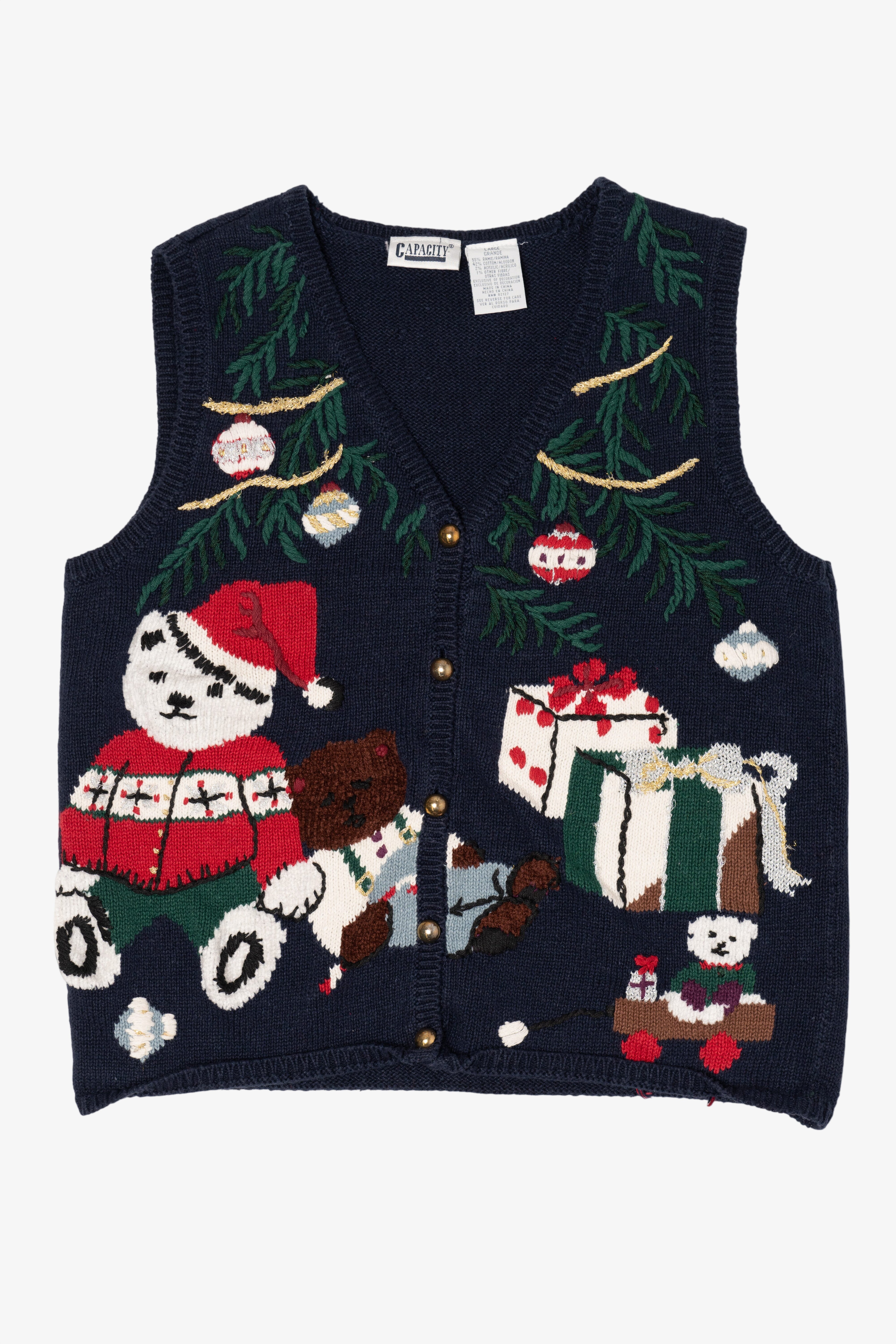 Vintage Navy Blue Capacity Presents Under The Tree Ugly Christmas Vest (1990s)