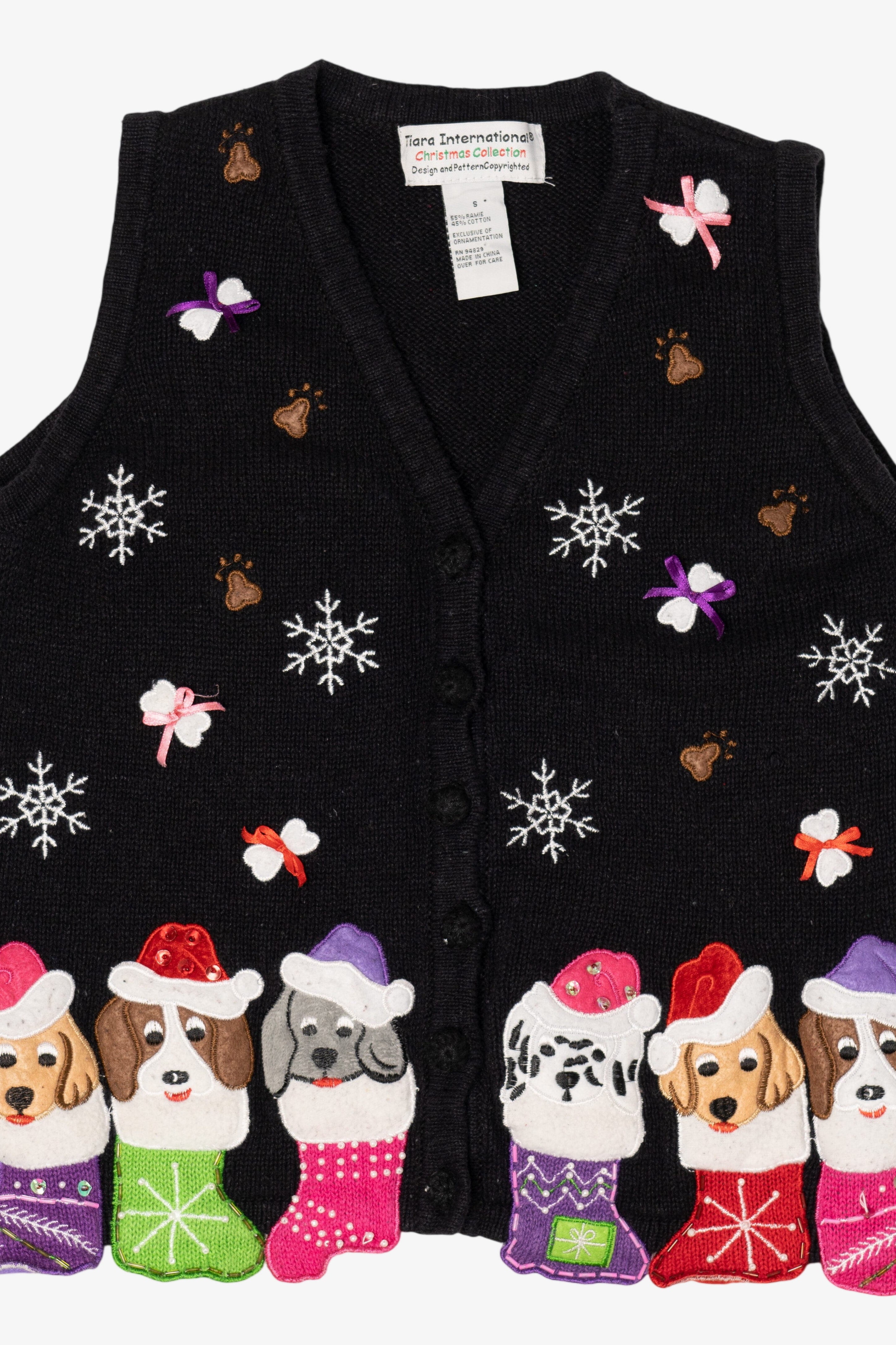 Vintage Black Tiara International Dogs In Stocking Ugly Christmas Vest (2000s)