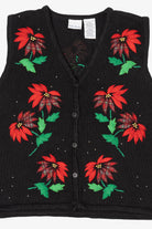 Vintage Black Bobbie Brooks Poinsettias Ugly Christmas Vest (1990s)