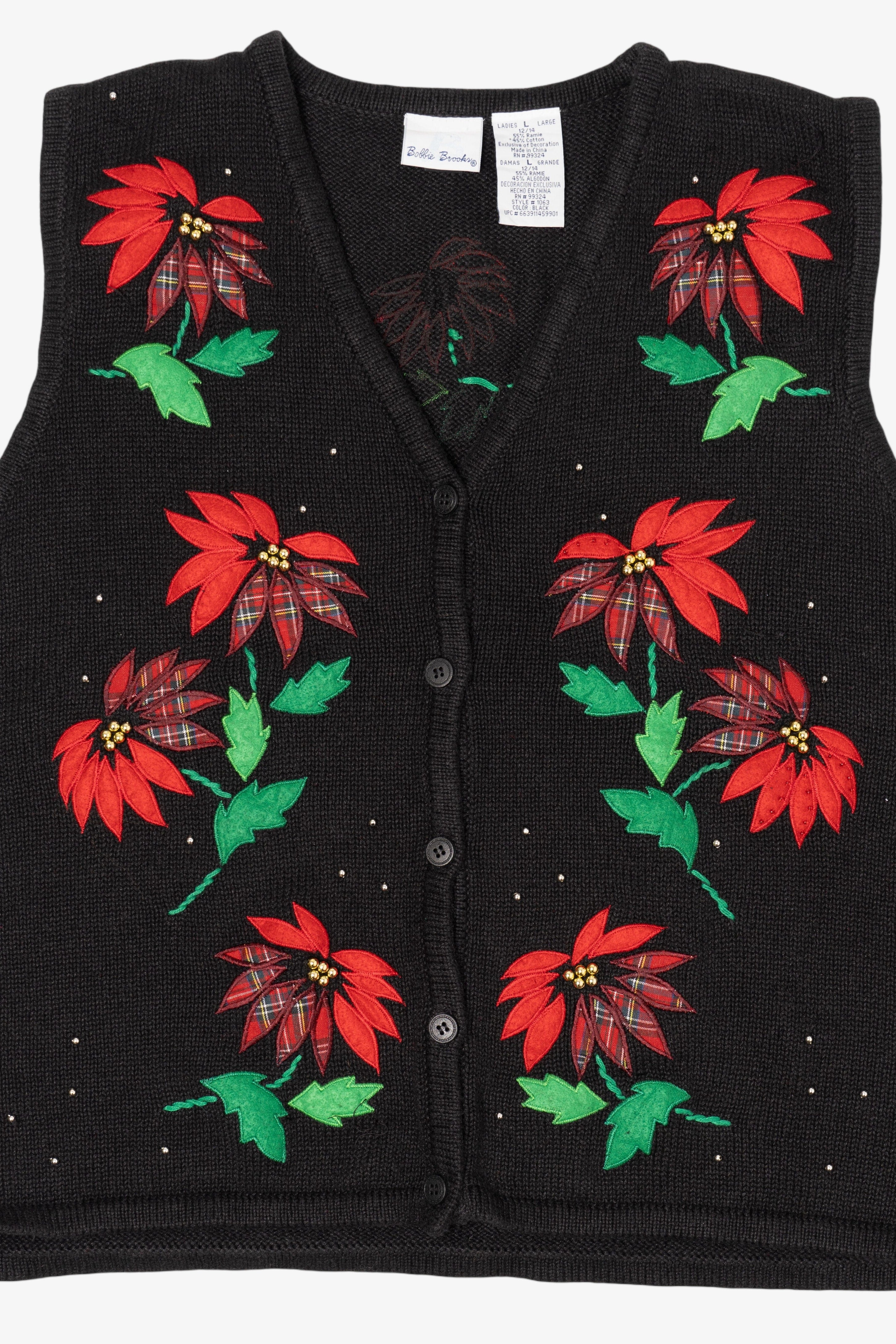 Vintage Black Bobbie Brooks Poinsettias Ugly Christmas Vest (1990s)