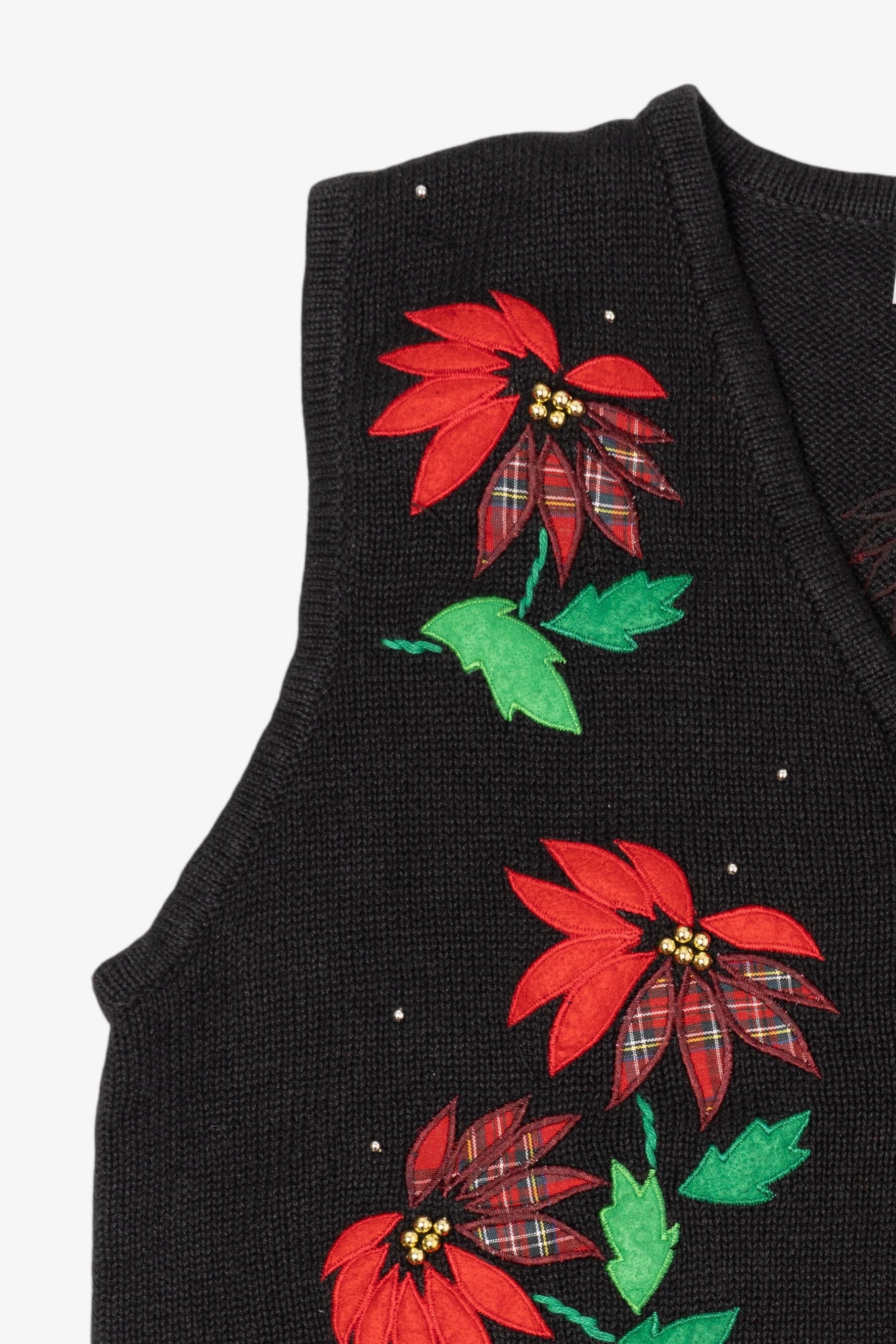 Vintage Black Bobbie Brooks Poinsettias Ugly Christmas Vest (1990s)