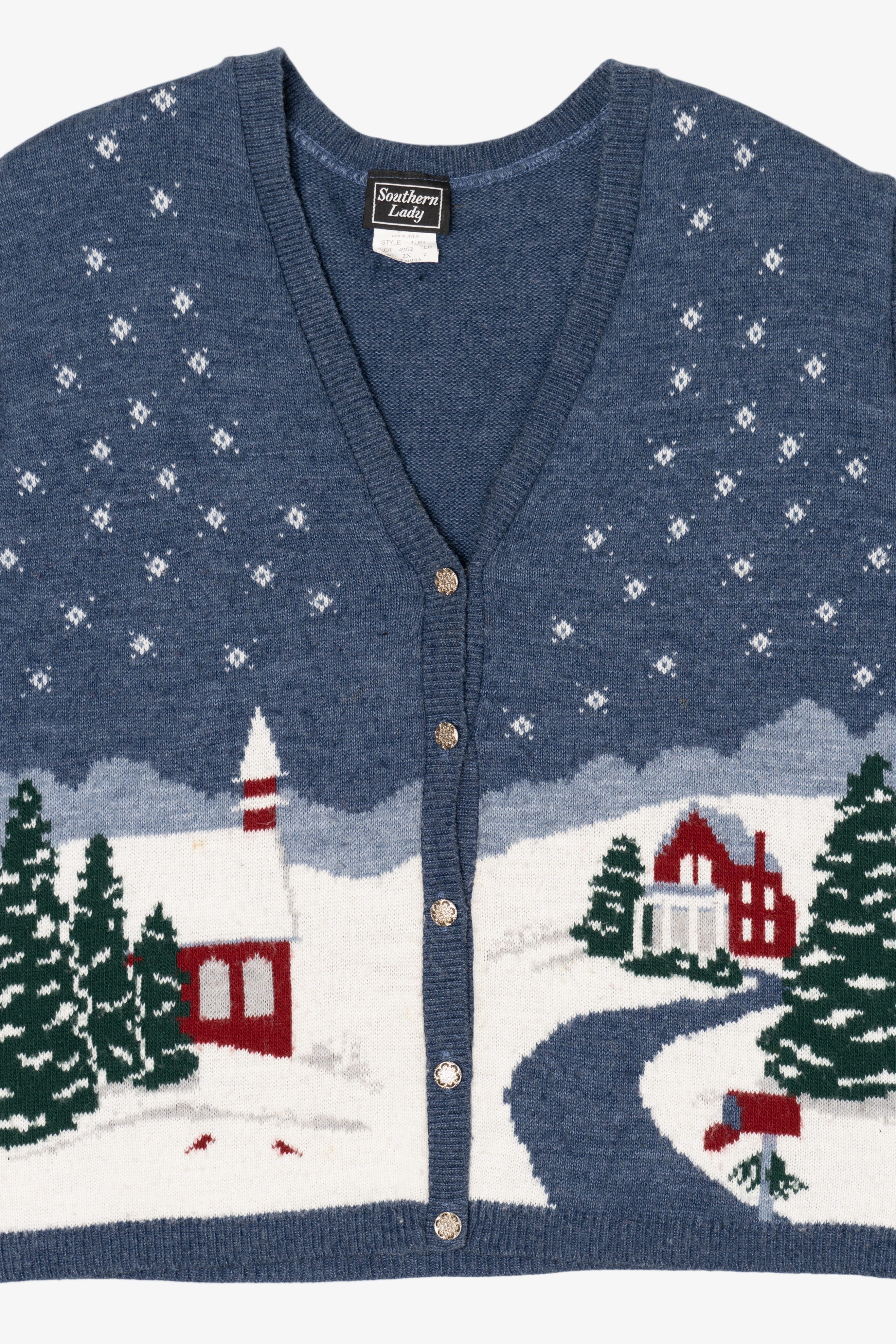Vintage Blue Southern Lady Snowy Landscape Ugly Christmas Vest (1980s)