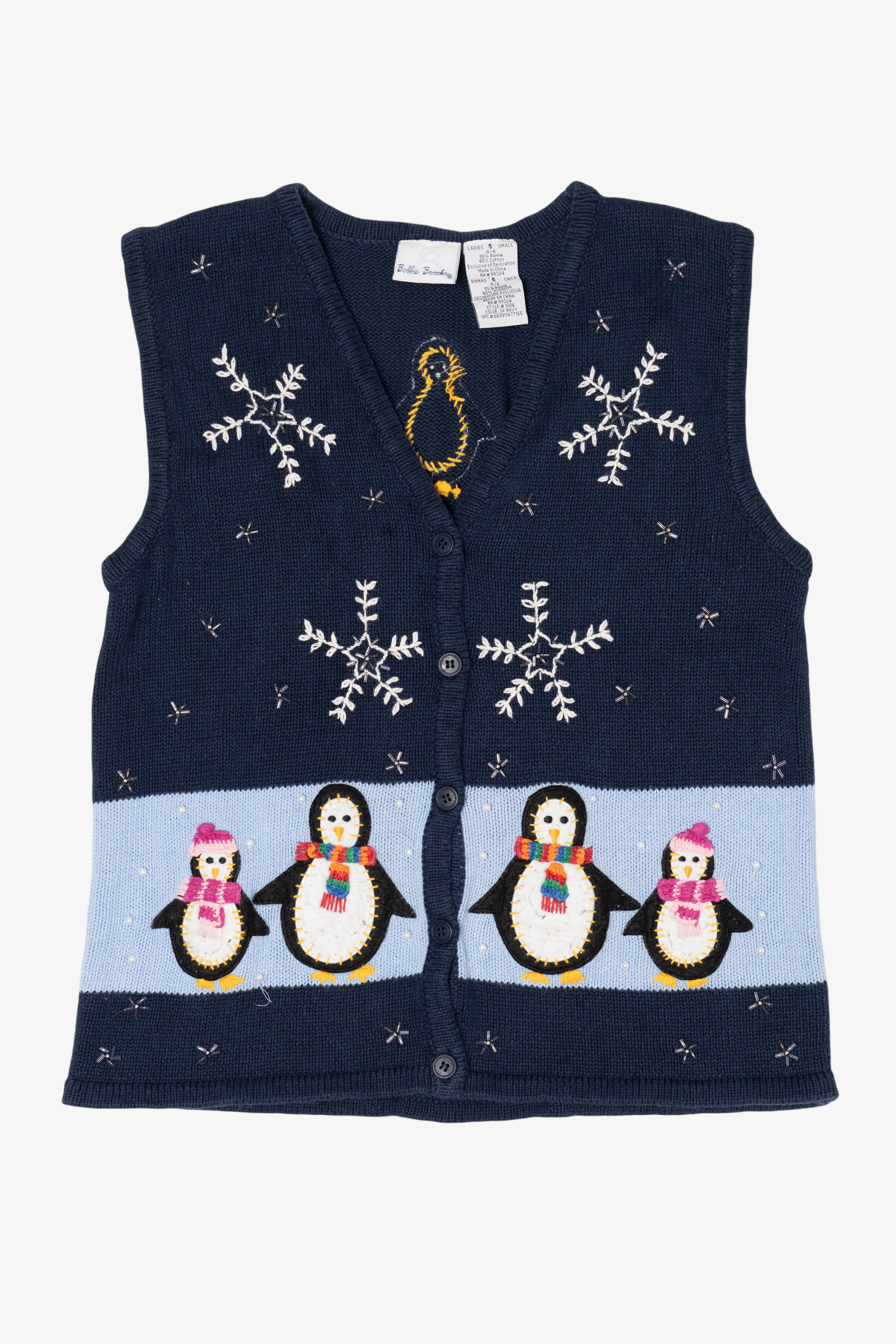 Vintage Navy Blue Bobbie Brooks Penguins Ugly Christmas Vest (1990s)
