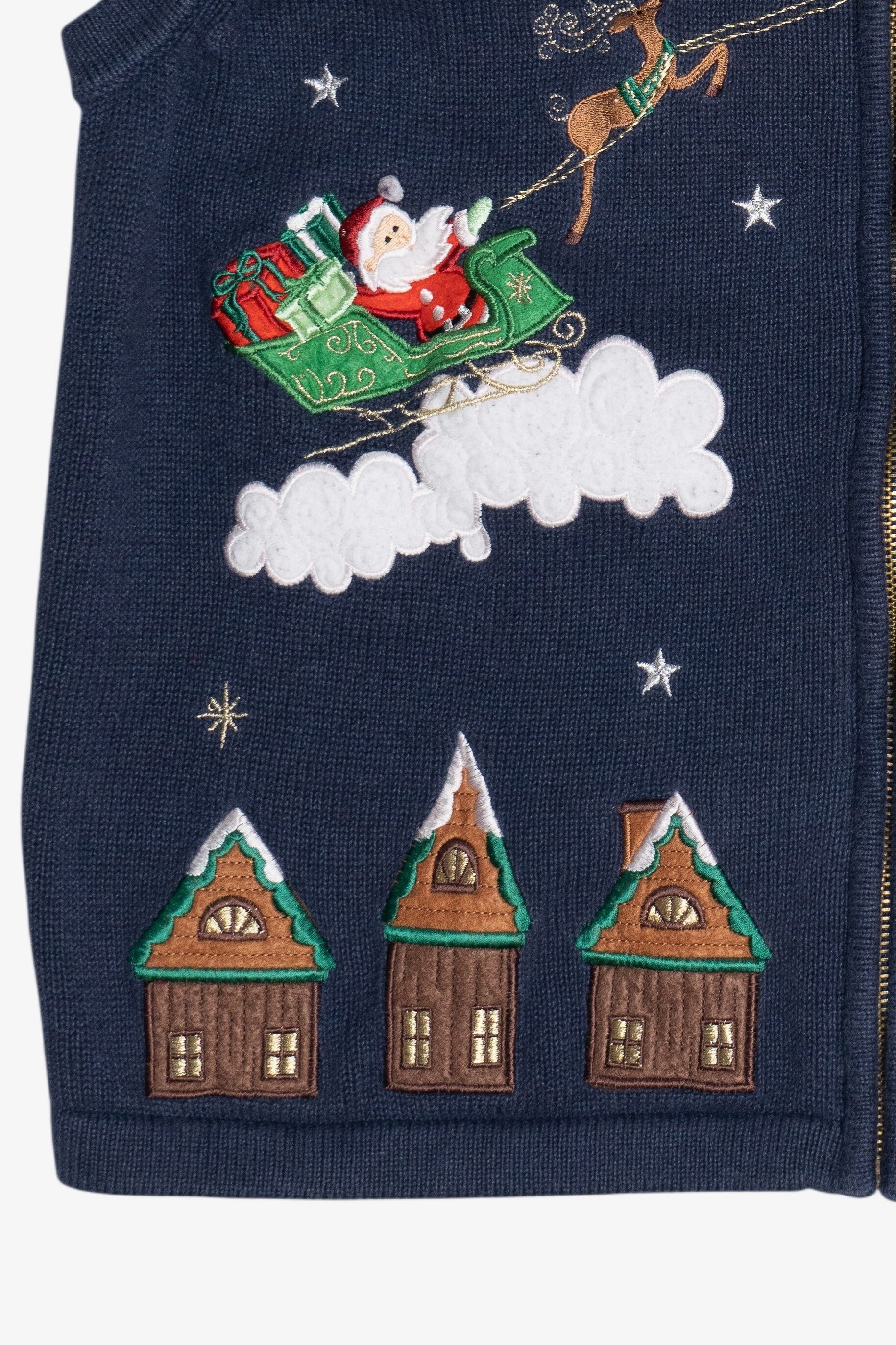 Vintage Blue Santa & His Sleigh Night Scene Ugly Christmas Vest (2000s)