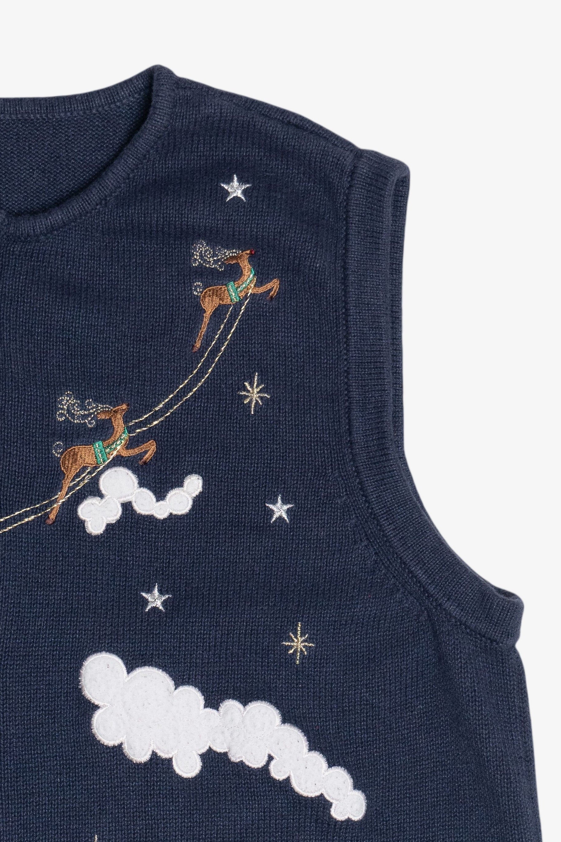 Vintage Blue Santa & His Sleigh Night Scene Ugly Christmas Vest (2000s)
