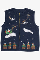 Vintage Blue Santa & His Sleigh Night Scene Ugly Christmas Vest (2000s)