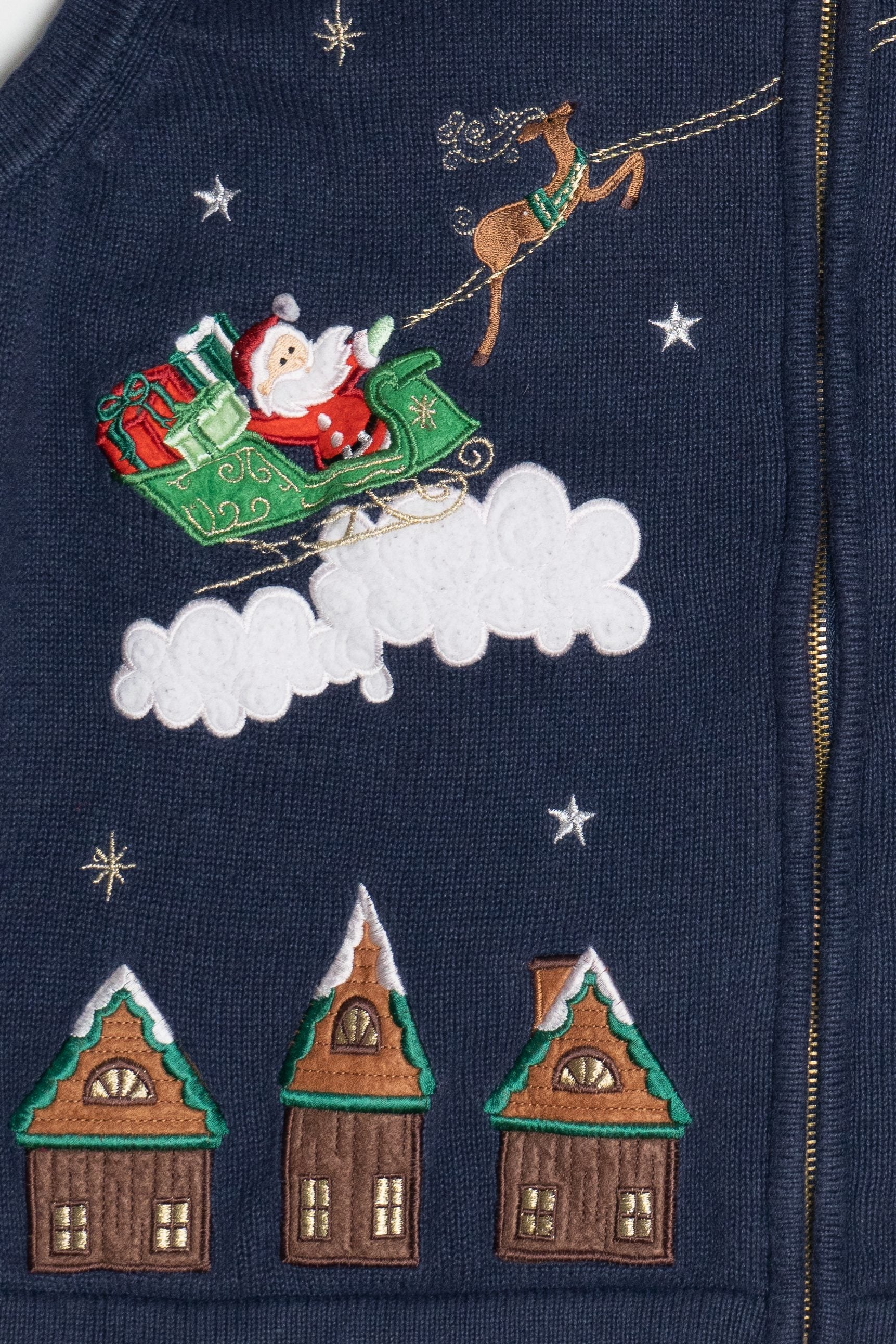 Vintage Blue Santa & His Sleigh Night Scene Ugly Christmas Vest (2000s)