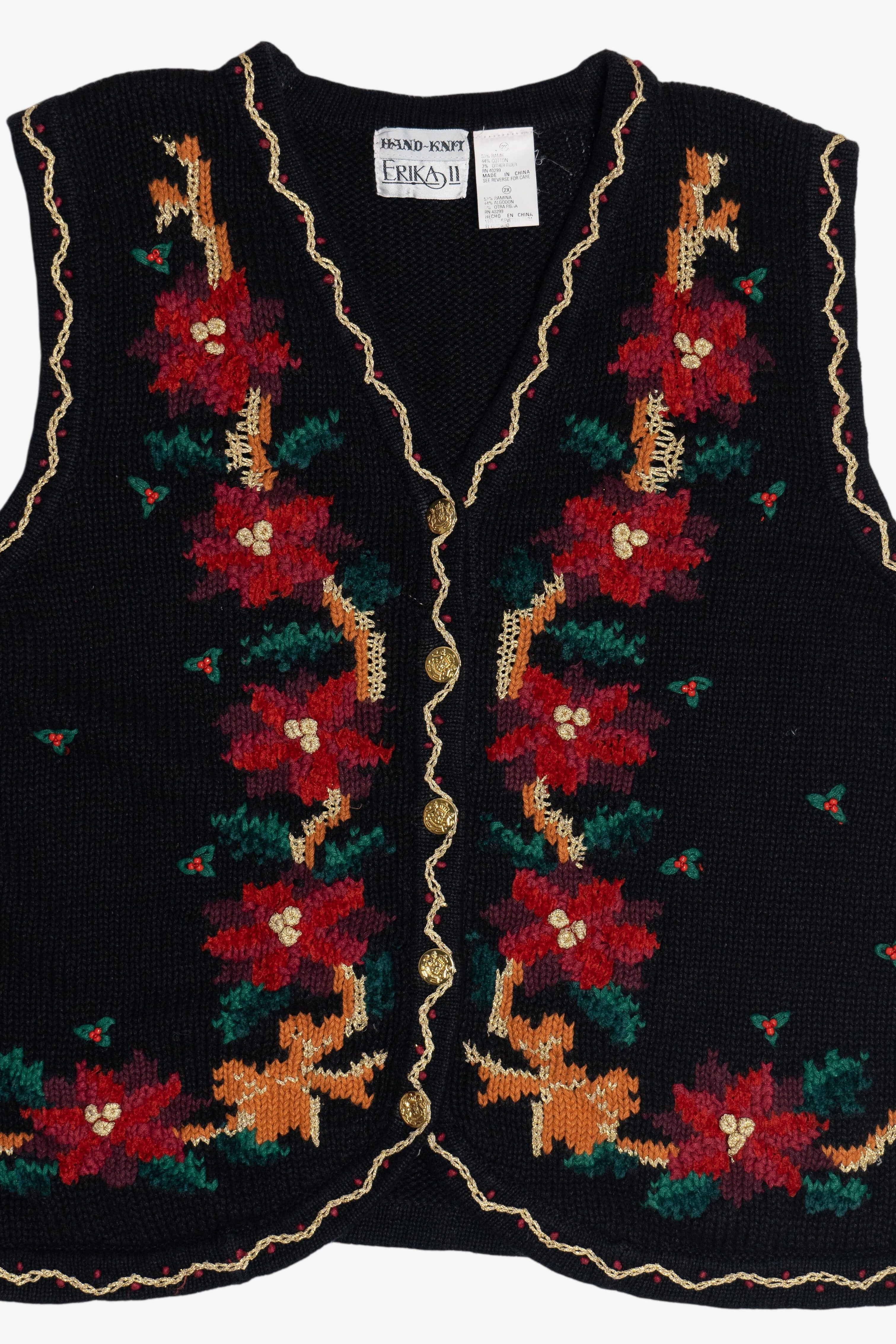 Vintage Erika II Hand Knit Holiday Flowers Ugly Christmas Vest (1990s)