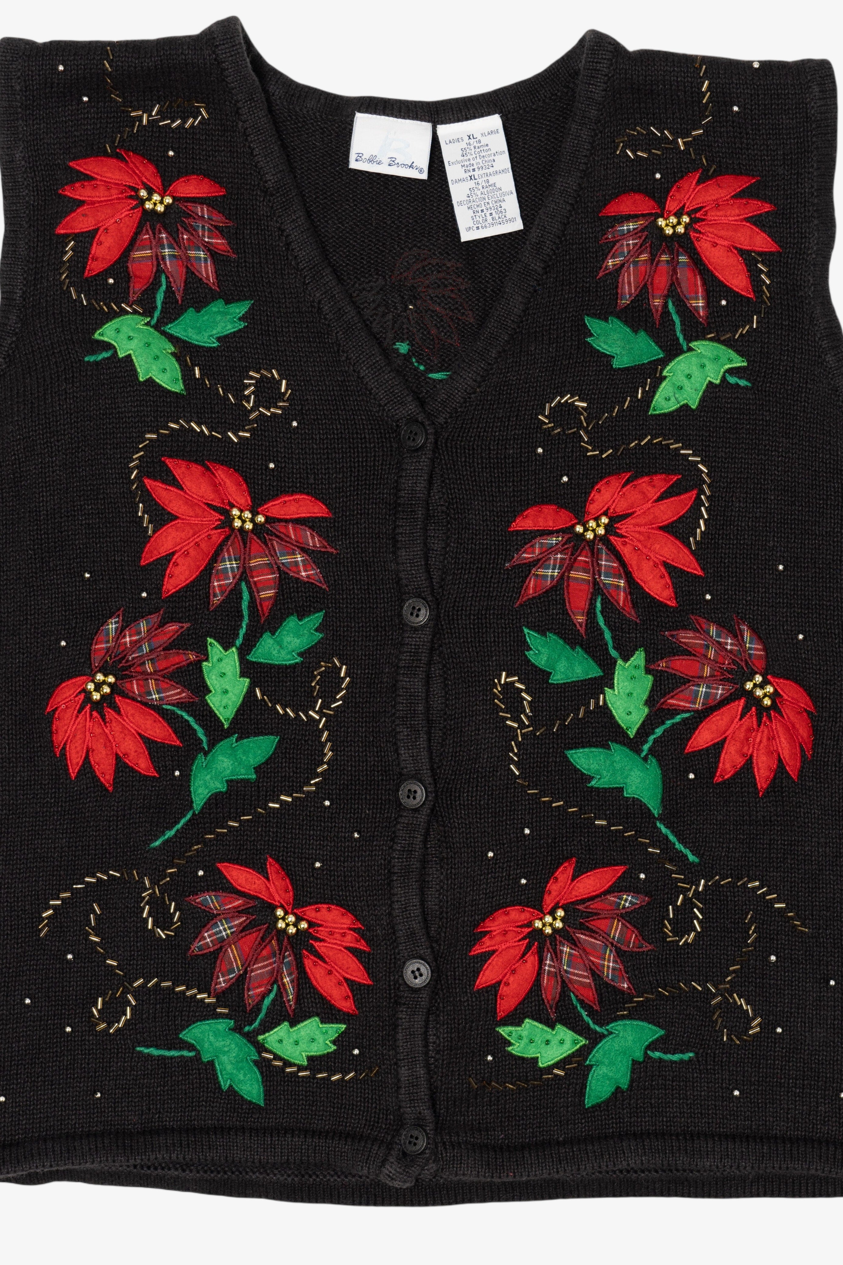 Vintage Black Bobbie Brooks Poinsettias Ugly Christmas Vest (1990s)