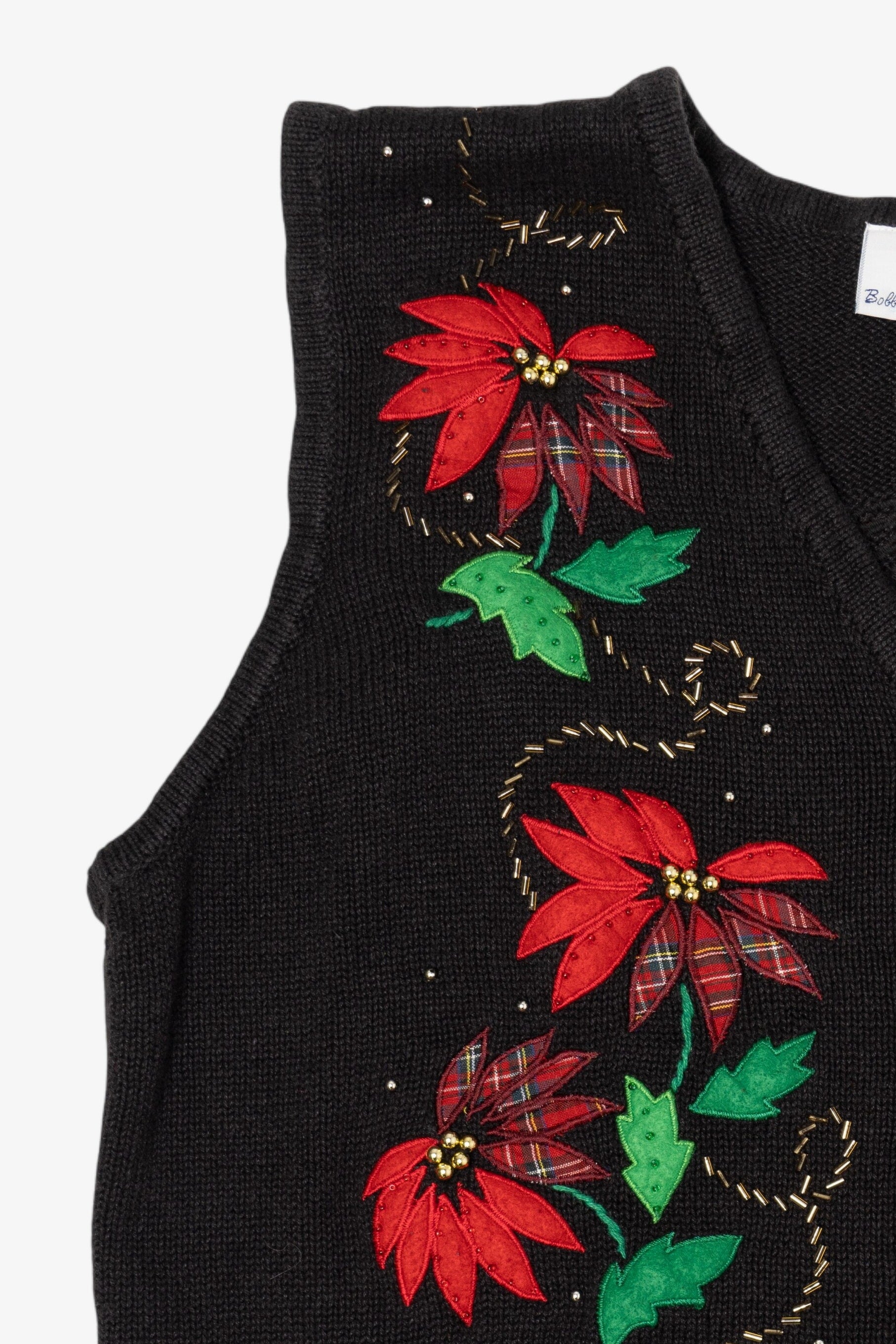 Vintage Black Bobbie Brooks Poinsettias Ugly Christmas Vest (1990s)