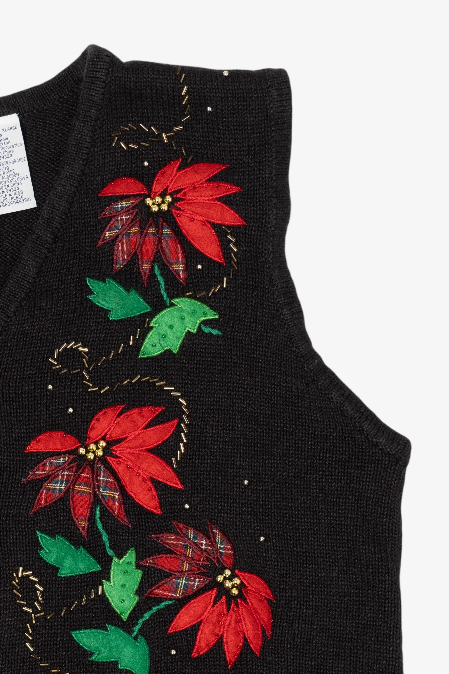 Vintage Black Bobbie Brooks Poinsettias Ugly Christmas Vest (1990s)