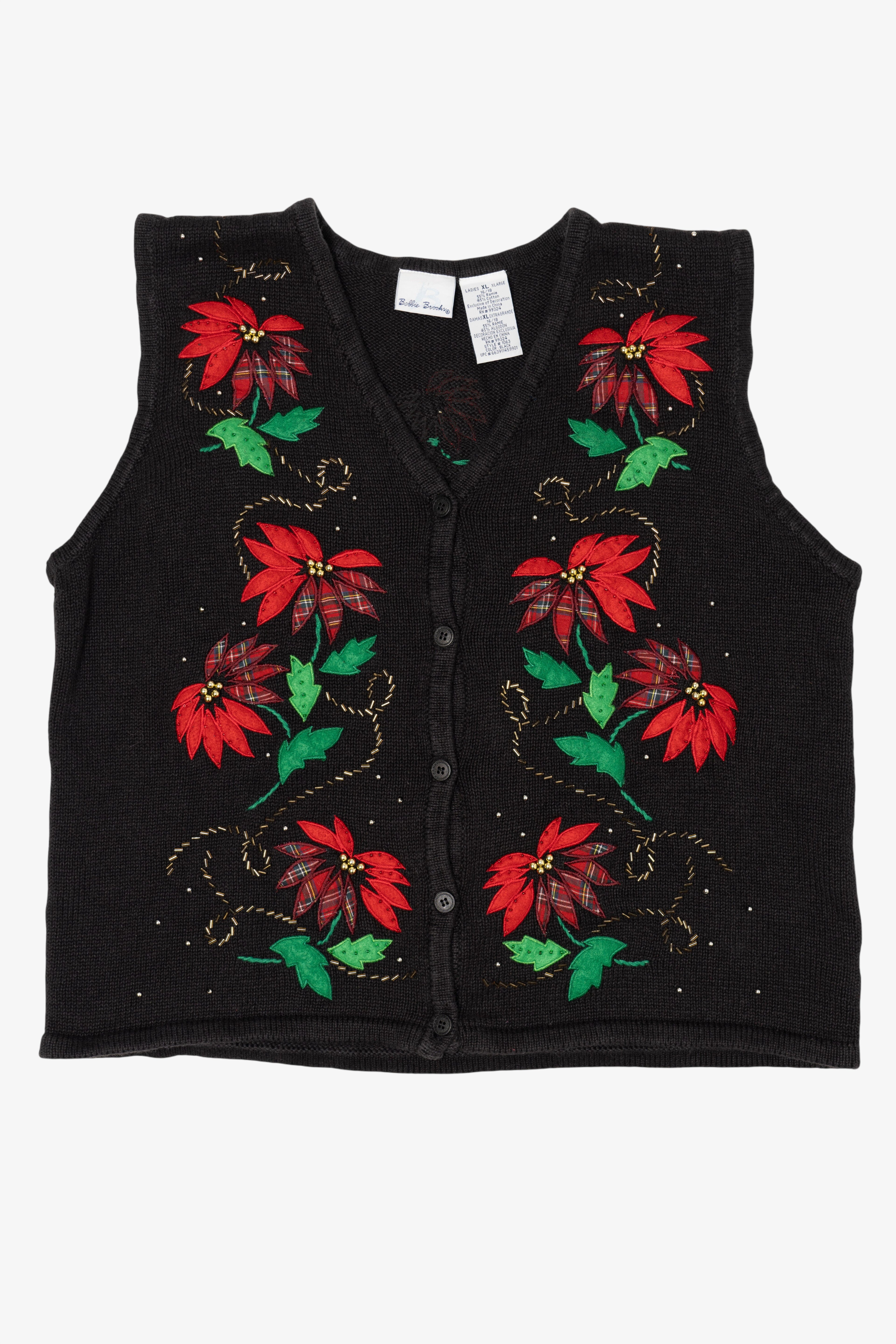 Vintage Black Bobbie Brooks Poinsettias Ugly Christmas Vest (1990s)
