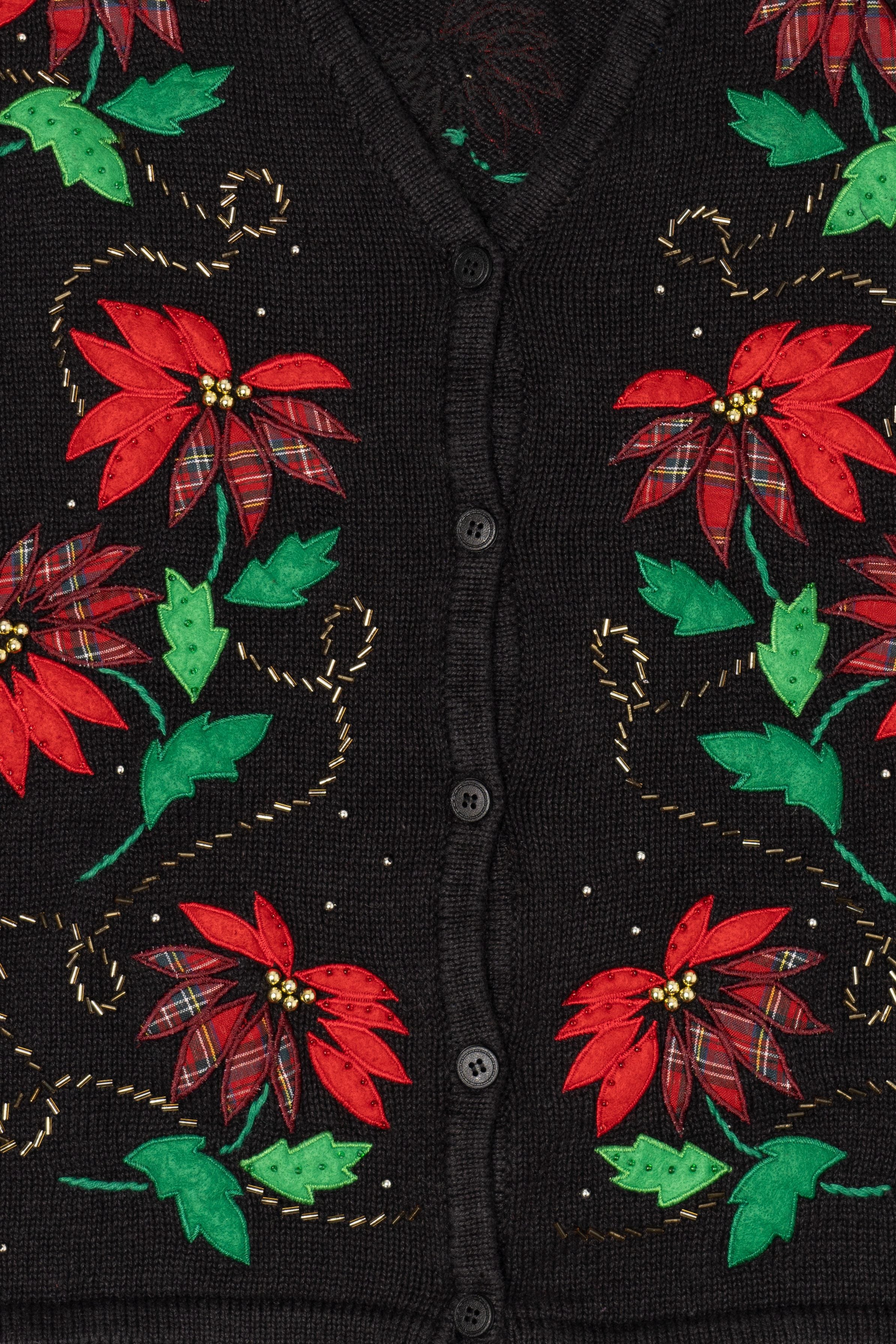 Vintage Black Bobbie Brooks Poinsettias Ugly Christmas Vest (1990s)