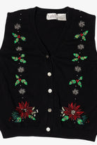 Vintage Black Tabi International Holly And Poinsettias Ugly Christmas Vest