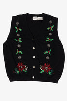 Vintage Black Tabi International Holly And Poinsettias Ugly Christmas Vest