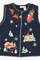 Vintage Blue White Stag Santa Flying Over Town Ugly Christmas Vest (1990s)