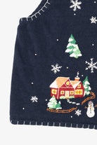 Vintage Blue White Stag Santa Flying Over Town Ugly Christmas Vest (1990s)