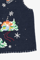 Vintage Blue White Stag Santa Flying Over Town Ugly Christmas Vest (1990s)