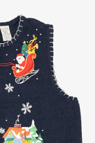 Vintage Blue White Stag Santa Flying Over Town Ugly Christmas Vest (1990s)