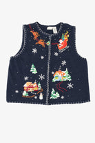 Vintage Blue White Stag Santa Flying Over Town Ugly Christmas Vest (1990s)