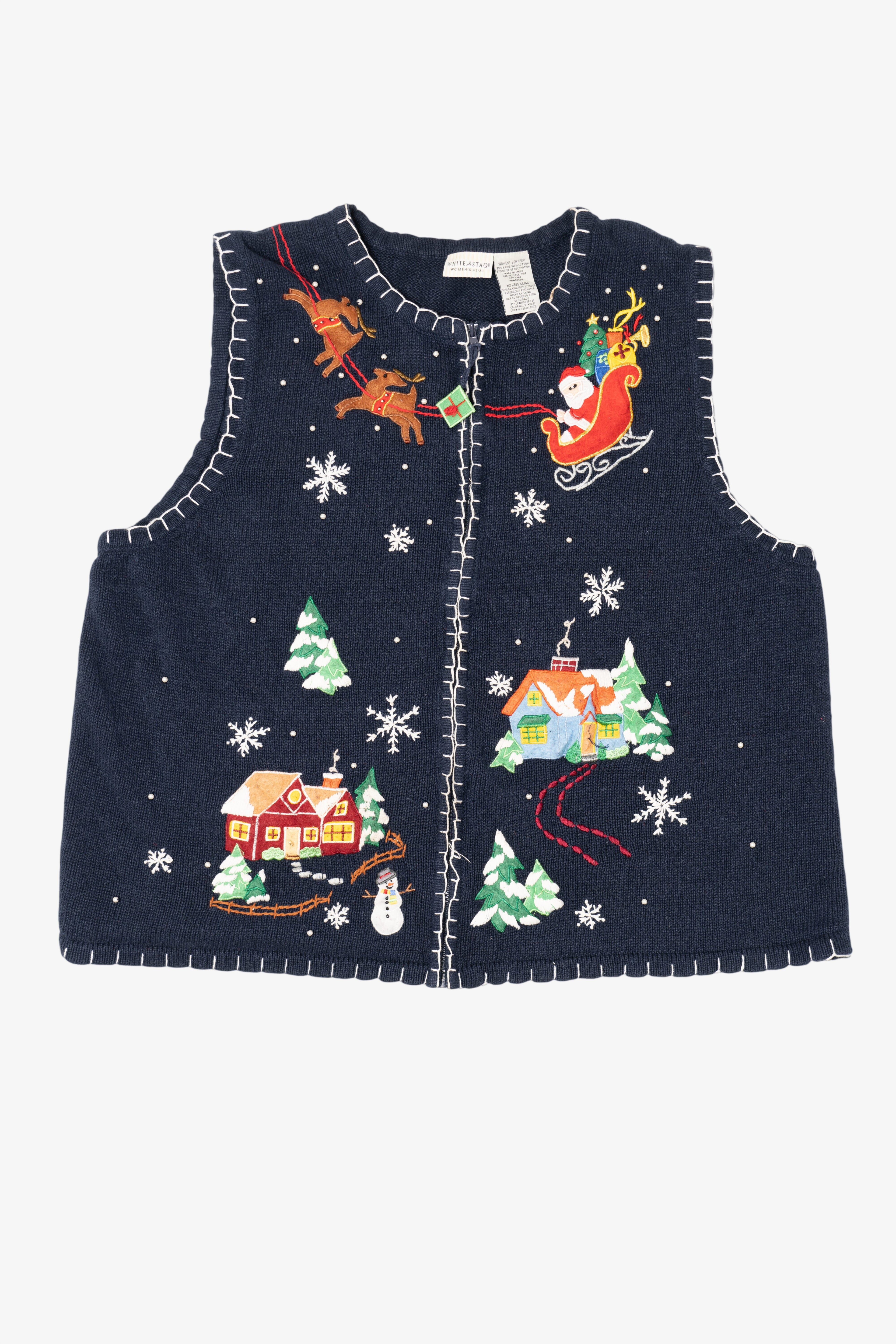 Vintage Blue White Stag Santa Flying Over Town Ugly Christmas Vest (1990s)